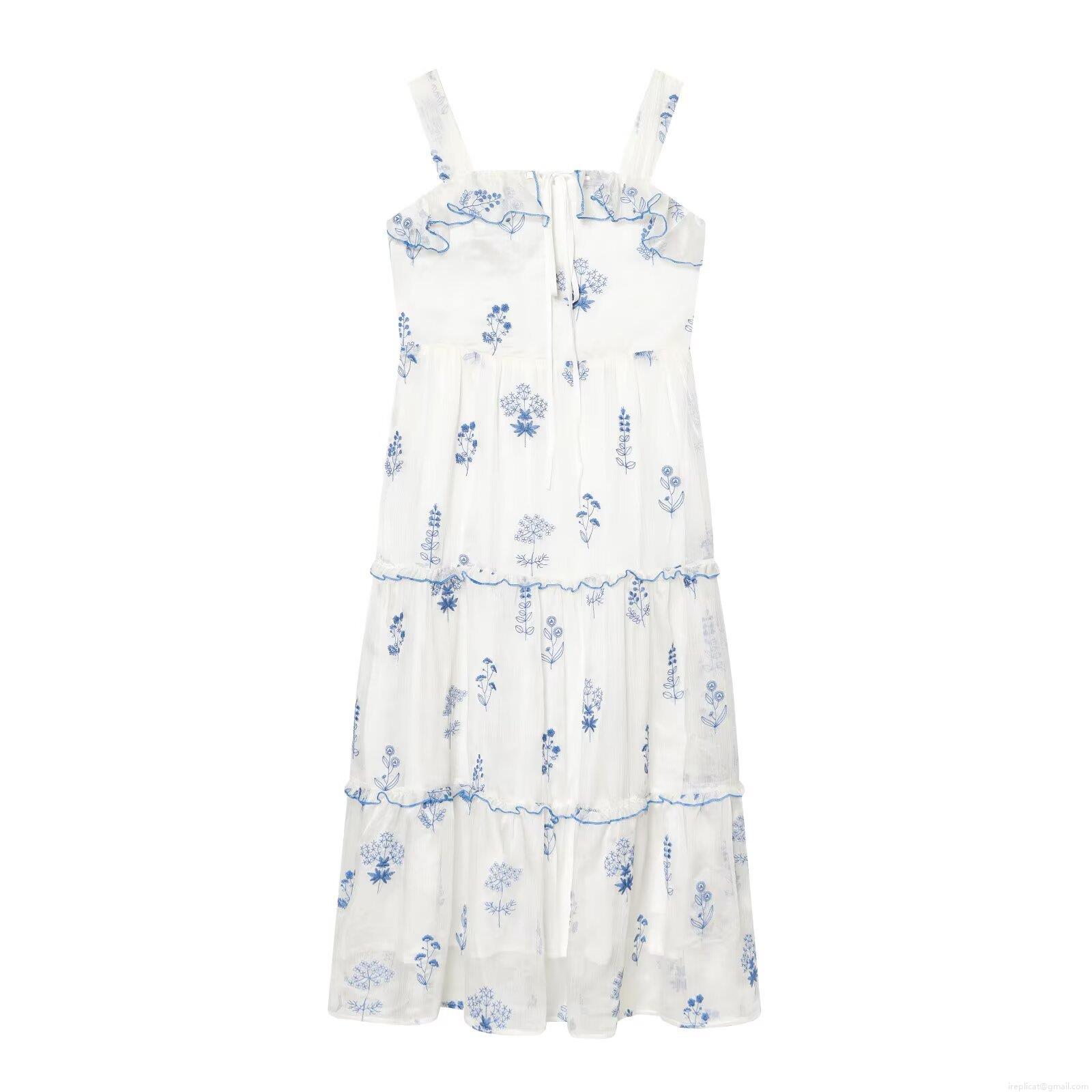 Women's Blue Floral Embroidery Dress 100% Polyester Spaghetti Straps Off-the-shoulder Ruffle Trim Tiered Cake Skirt Midi A-line Resort Style Vacation Elegant White Summer Boho Sleeveless Dress Women's Blue Floral Embroidery Dress 100% Polyester Spaghetti Straps Off-the-shoulder Ruffle Trim Tiered Cake Skirt Midi A-line Resort Style Vacation Elegant White Summer Boho Sleeveless Dress