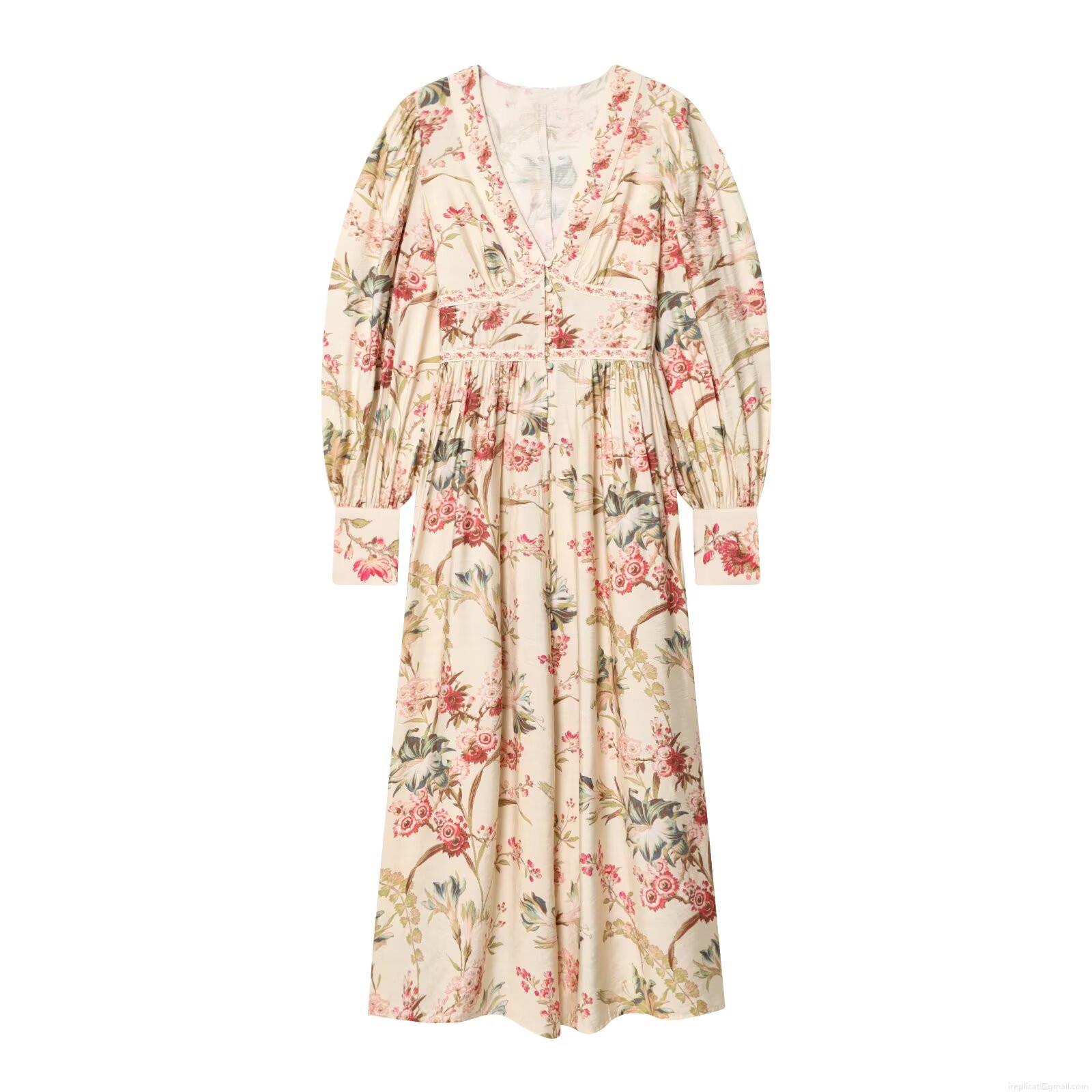 Women's Elegant V-Neck Floral Print Puff Sleeve Midi Dress French Holiday Style High Waist Polyester Cotton Spandex Blend Button Front Dress Women's Elegant V-Neck Floral Print Puff Sleeve Midi Dress French Holiday Style High Waist Polyester Cotton Spandex Blend Button Front Dress