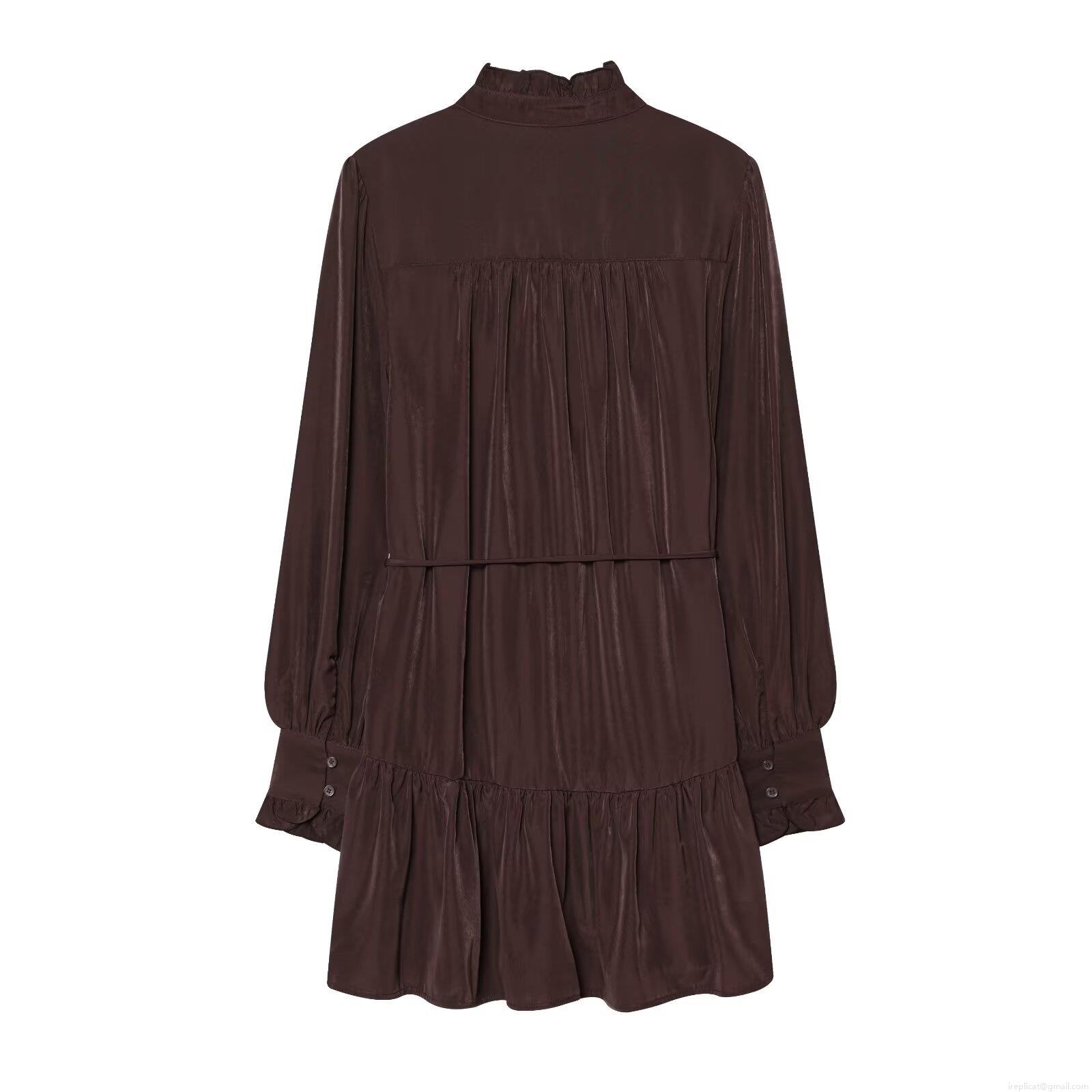 Women Fashion Long Sleeve Ruffle Collar Midi Dress Casual Vacation Tiered Satin Cupro Cotton Blend Polka Dot Solid Tie Waist Dresses for Women