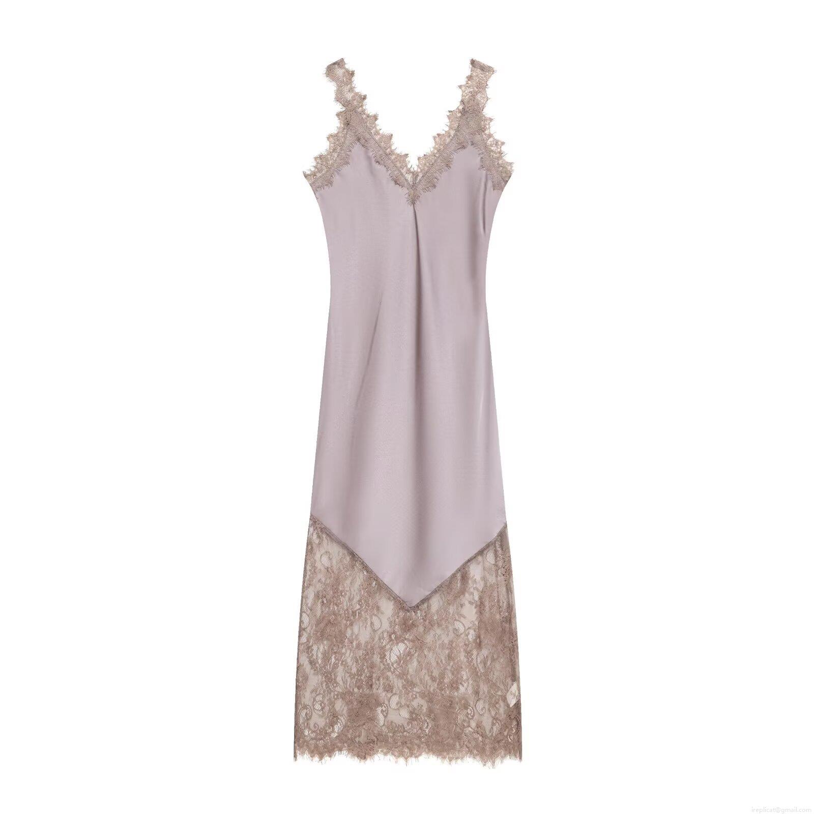French Style Lace Patchwork Slip Dress Sexy V Neck Satin Backless Midi Dresses For Women Elegant Evening Party Nightdress Nightie French Style Lace Patchwork Slip Dress Sexy V Neck Satin Backless Midi Dresses For Women Elegant Evening Party Nightdress Nightie