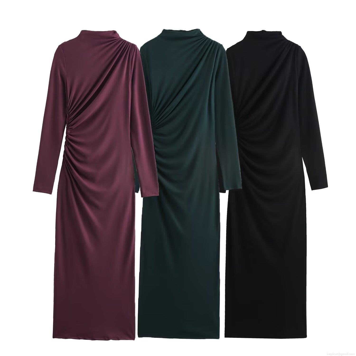 Elegant Women's Ruched Long Sleeve Midi Dress Mock Neck Bodycon Knitted Slim Fit Evening Party Autumn Winter Solid Color Tight Dress Elegant Women's Ruched Long Sleeve Midi Dress Mock Neck Bodycon Knitted Slim Fit Evening Party Autumn Winter Solid Color Tight Dress