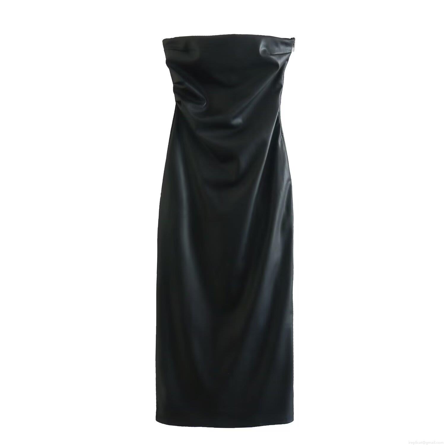 Women Sexy Faux Leather Bandeau Midi Dress Ruched Bodycon Side Zipper Solid Color Sleeveless Party Evening Clubwear Strapless Dress Women Sexy Faux Leather Bandeau Midi Dress Ruched Bodycon Side Zipper Solid Color Sleeveless Party Evening Clubwear Strapless Dress