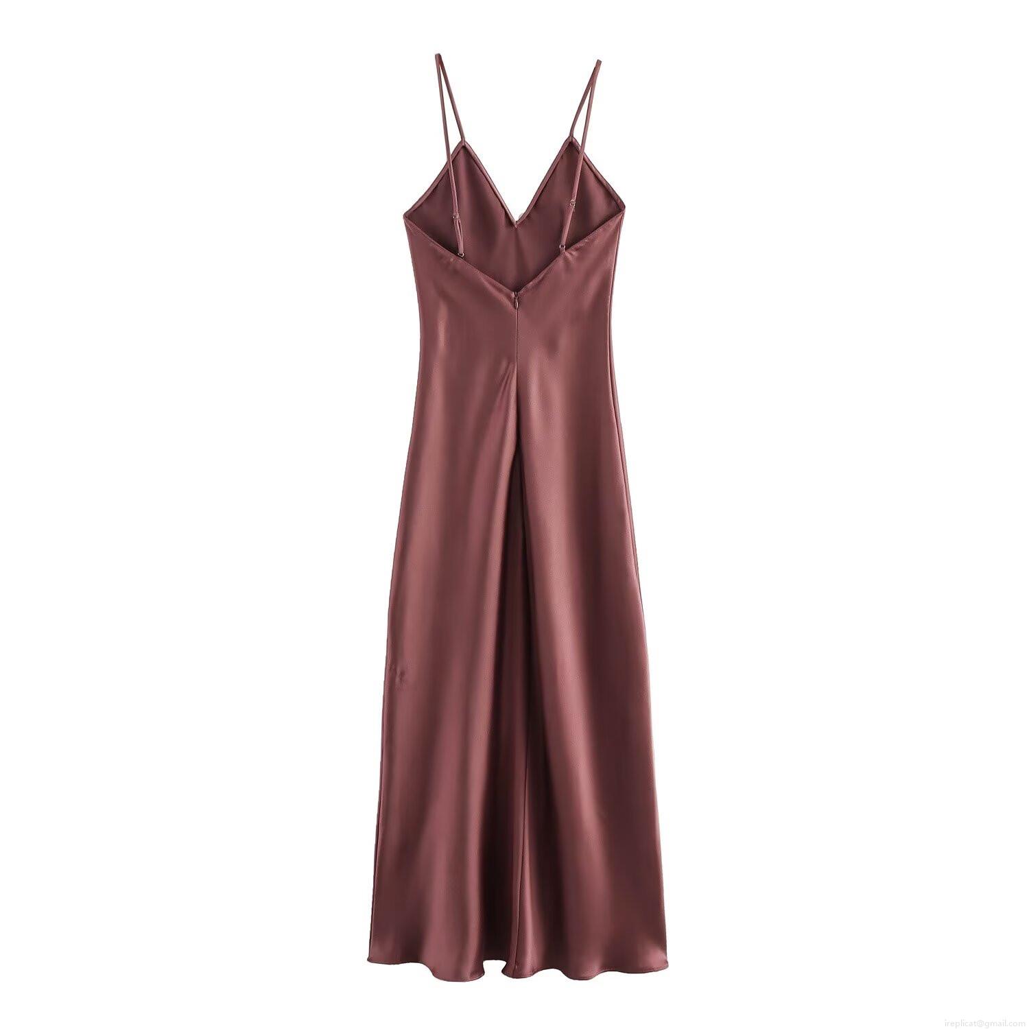 Women\'s Sexy Backless Satin Slip Dress Elegant V-Neck Sleeveless Mid-Length A-Line Solid Color Silk Texture Midi Dress for Summer Party Night Out Clubwear
