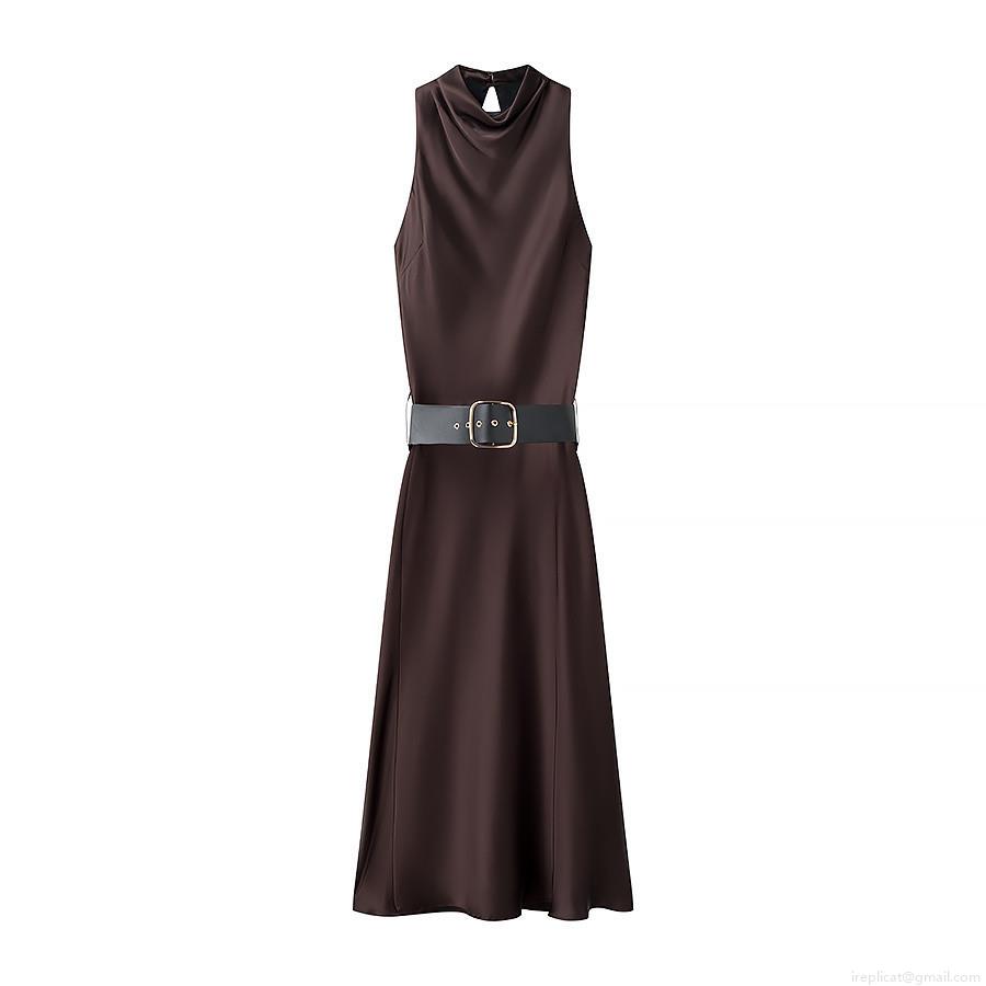 Women Elegant Satin Midi Dress Sleeveless Mock Neck Solid Color With Metal Buckle Belt Glossy Silk Texture Commuter A-Line Dress For Evening Party Women Elegant Satin Midi Dress Sleeveless Mock Neck Solid Color With Metal Buckle Belt Glossy Silk Texture Commuter A-Line Dress For Evening Party