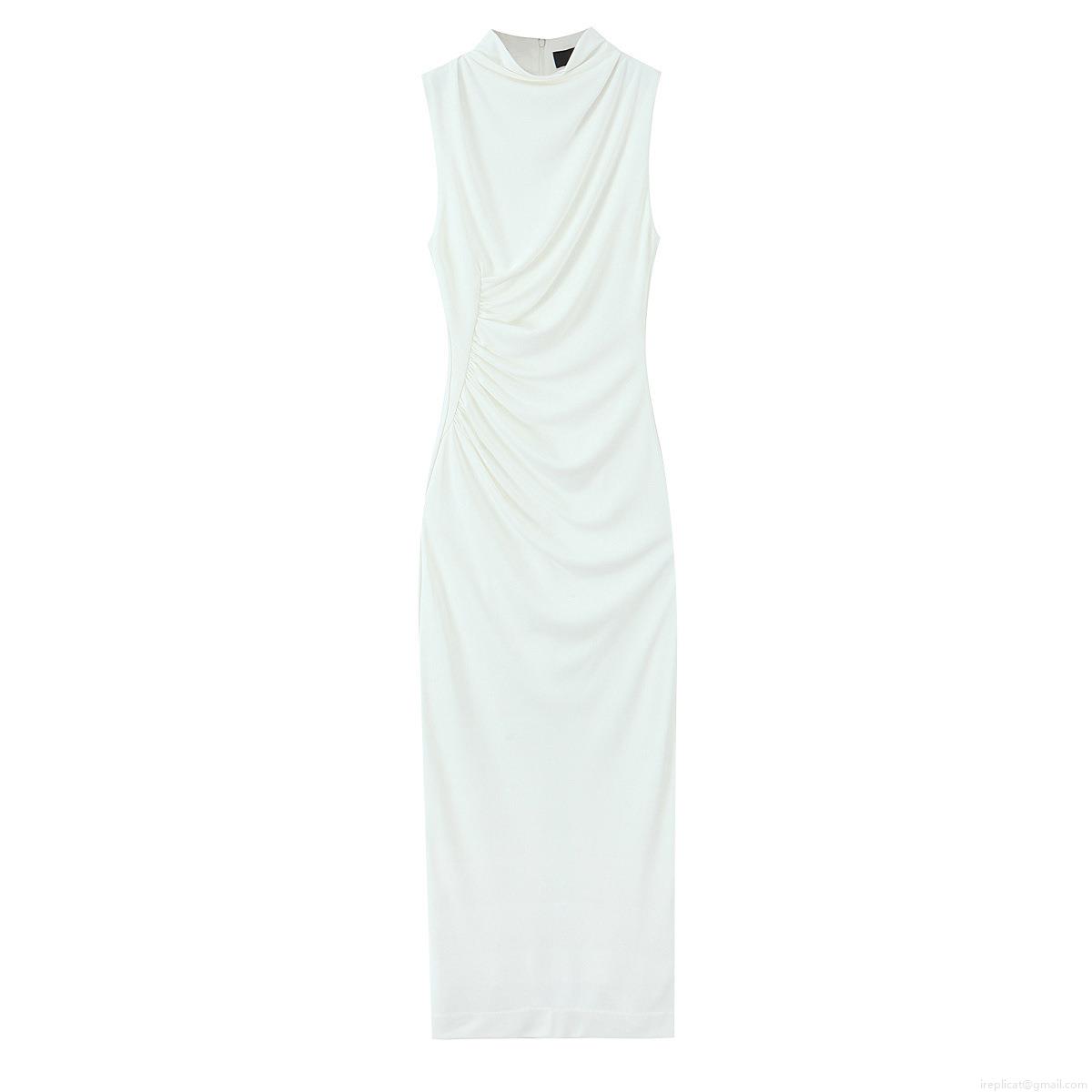 Elegant White Sleeveless Ruched Midi Dress For Women Mock Neck Slim Fit Bodycon Back Zipper Slit Hem Evening Party Clubwear Polyester Spandex Dress Elegant White Sleeveless Ruched Midi Dress For Women Mock Neck Slim Fit Bodycon Back Zipper Slit Hem Evening Party Clubwear Polyester Spandex Dress