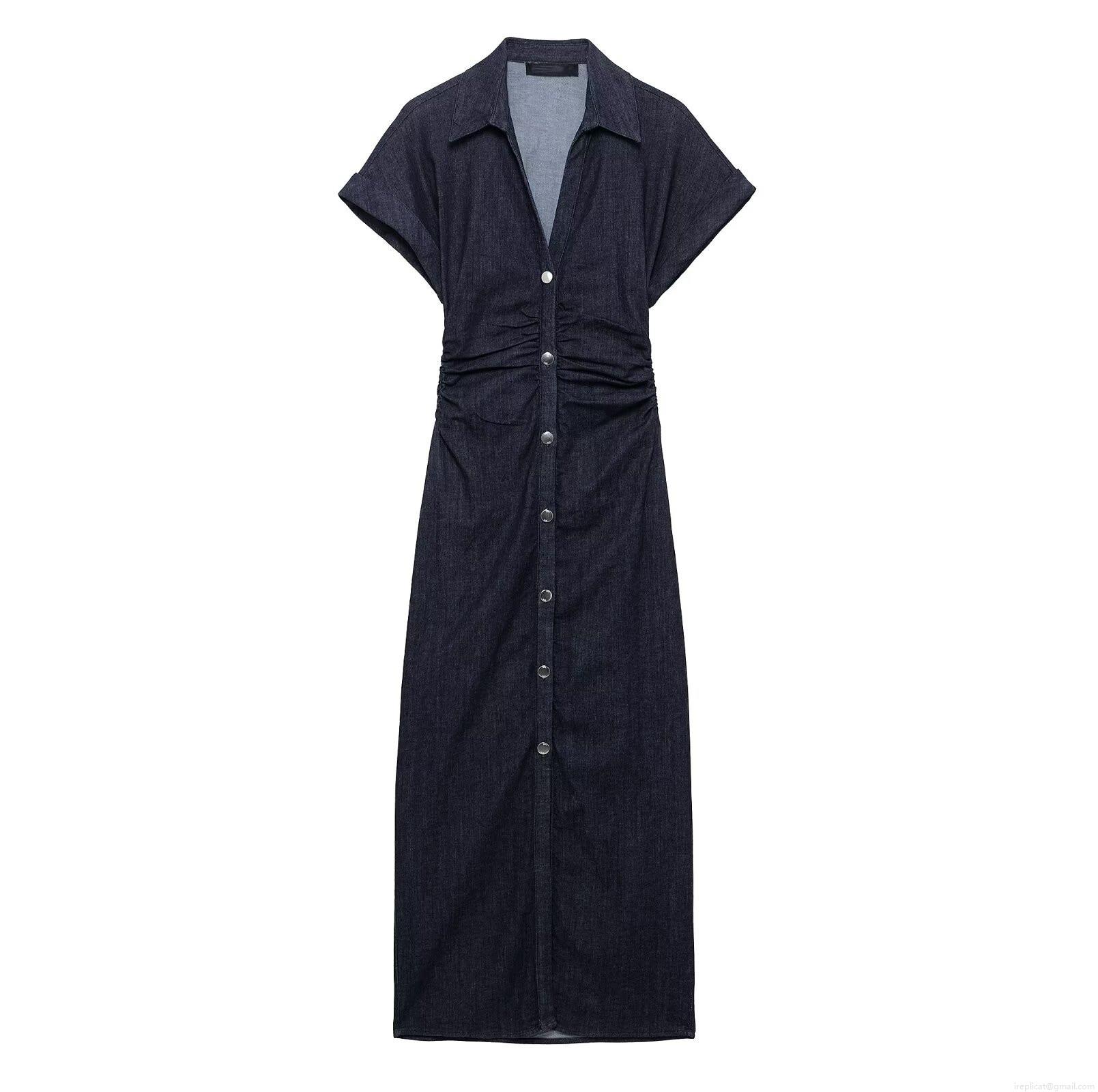 Women's Fashion V-Neck Slim Fit Denim Midi Dress Short Sleeve Button Down Waist Pleated Casual Elegant Jean Dress for Spring Summer
