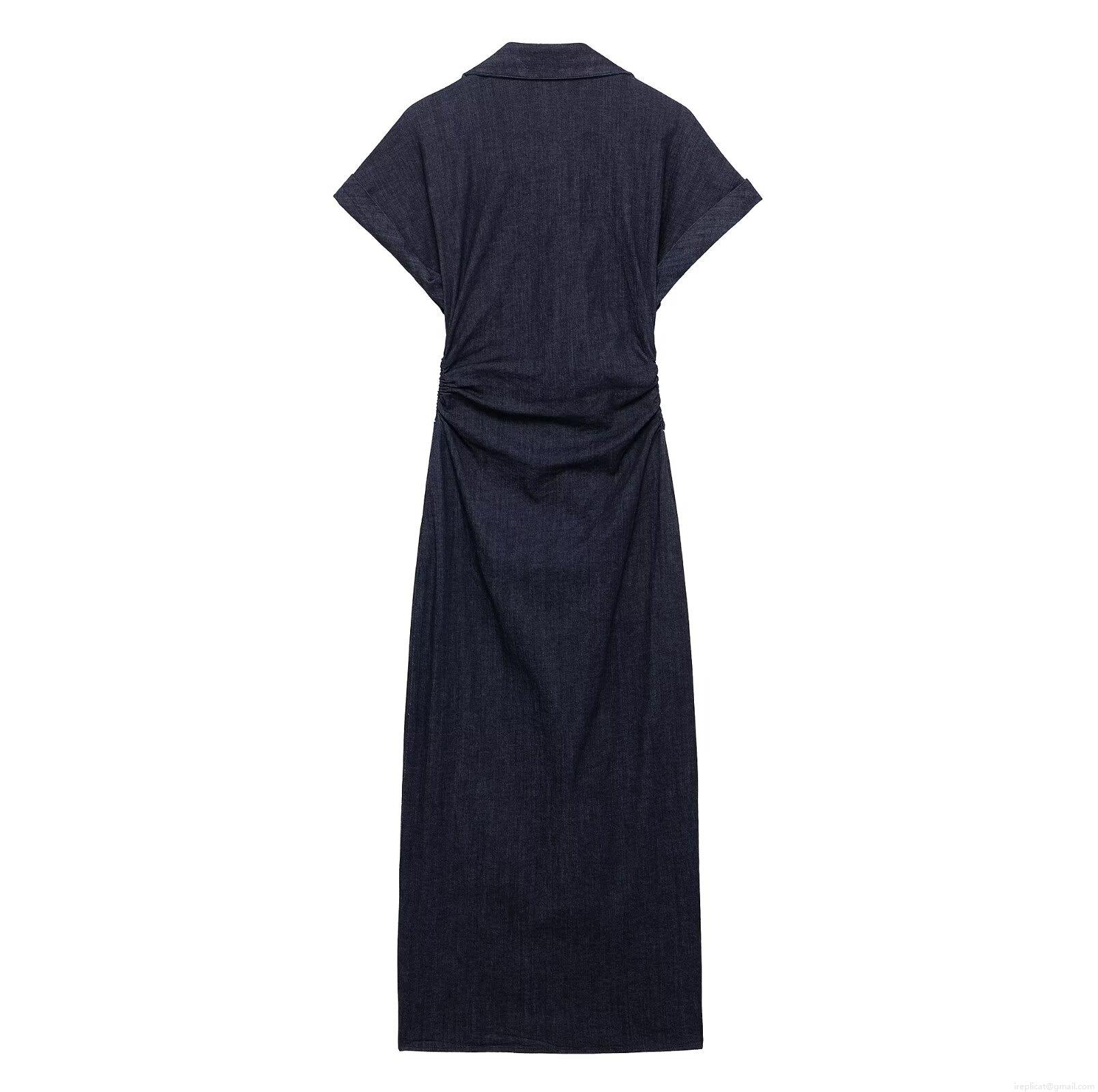 Women\'s Fashion V-Neck Slim Fit Denim Midi Dress Short Sleeve Button Down Waist Pleated Casual Elegant Jean Dress for Spring Summer
