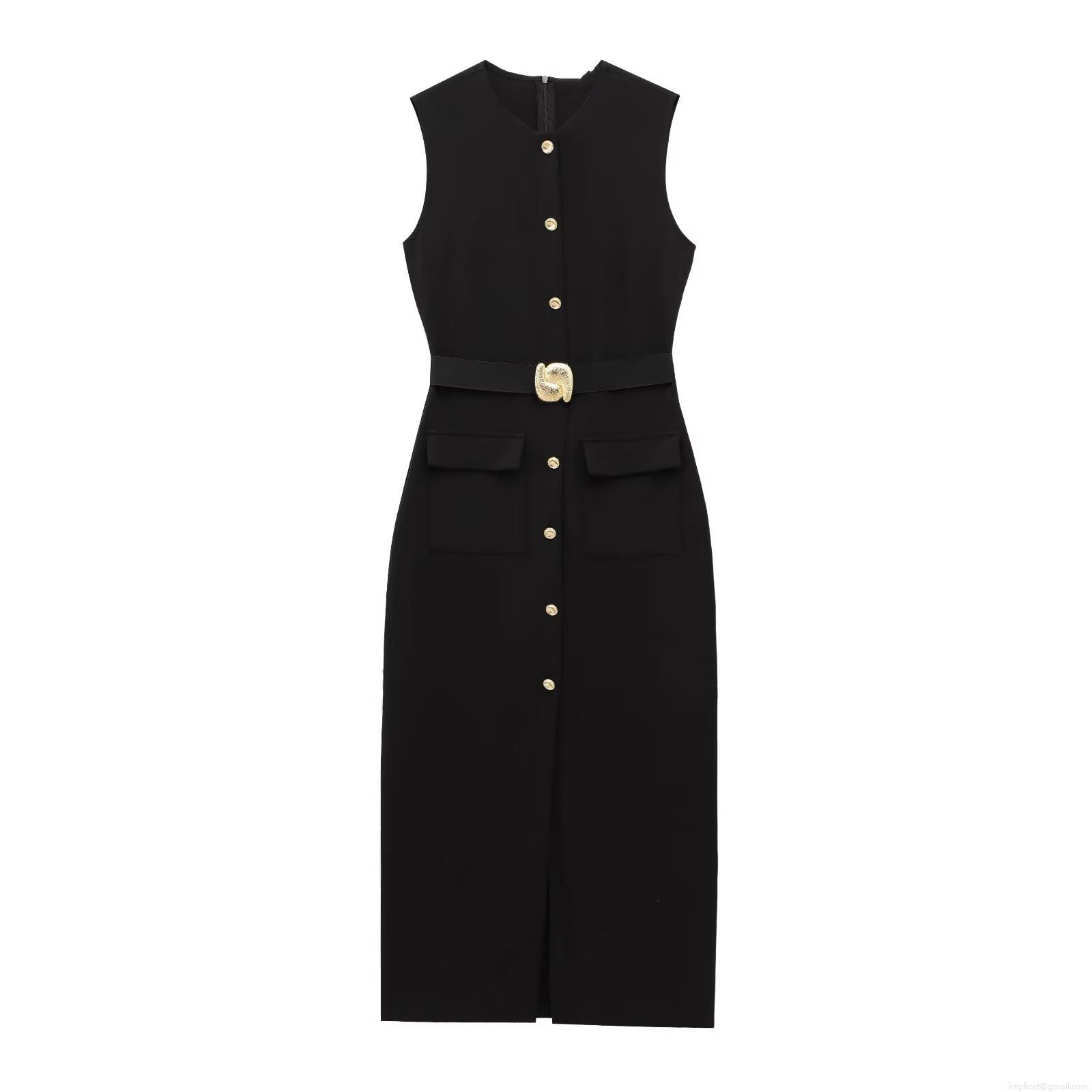 Elegant Sleeveless Single-Breasted Midi Dress With Belt Gold Buttons Women's Slim Fit Commuter Formal Party Office Polyester Spandex Solid Color Dress Elegant Sleeveless Single-Breasted Midi Dress With Belt Gold Buttons Women's Slim Fit Commuter Formal Party Office Polyester Spandex Solid Color Dress