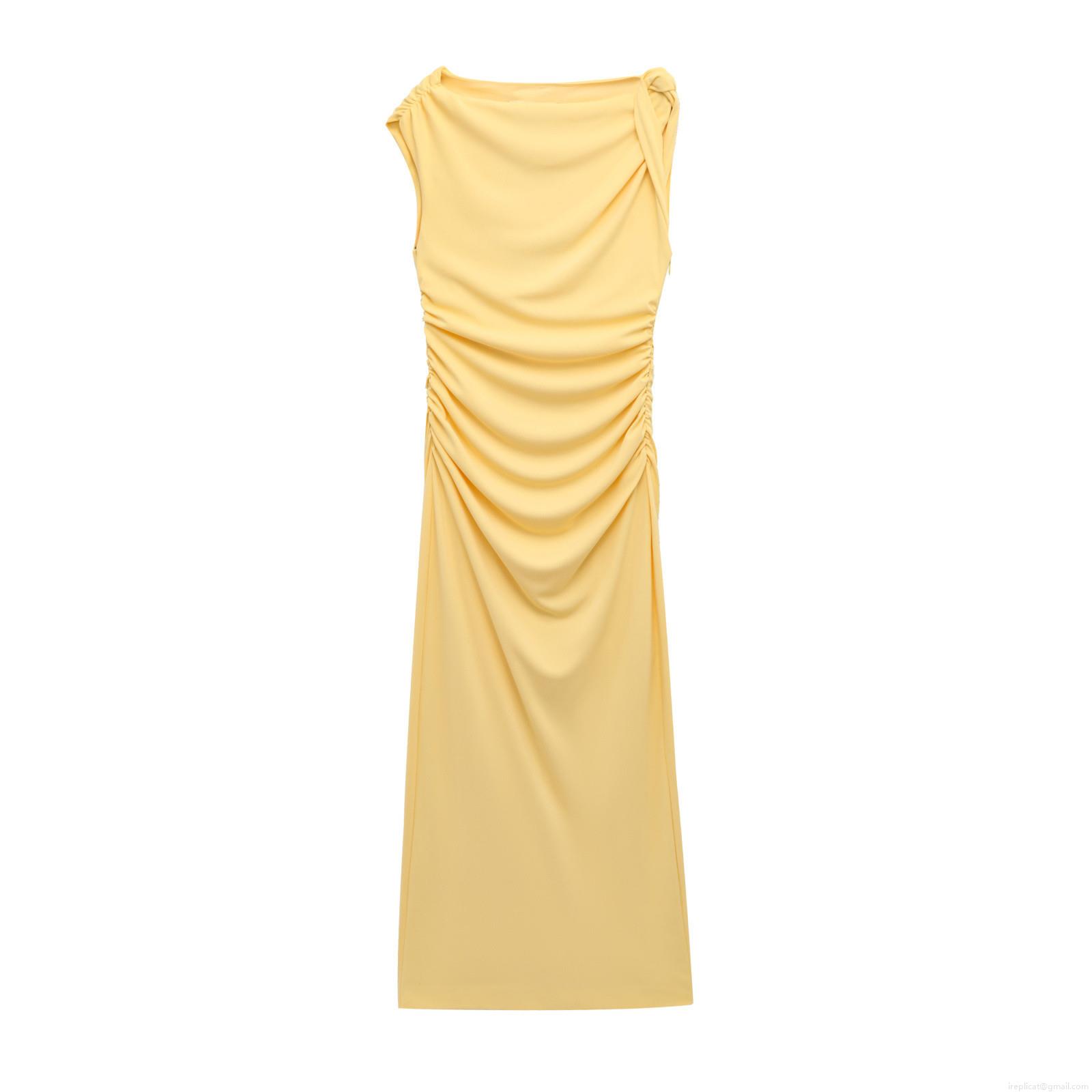 Women Elegant Sleeveless Midi Dress Asymmetric Neck Ruched Side Slit Polyester Spandex Twisted Crepe Bodycon Party Dress For Ladies Chic Commute Women Elegant Sleeveless Midi Dress Asymmetric Neck Ruched Side Slit Polyester Spandex Twisted Crepe Bodycon Party Dress For Ladies Chic Commute