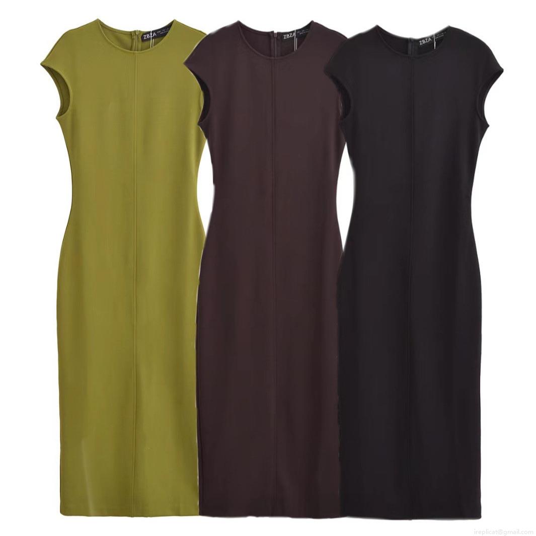 Elegant Women Crew Neck Sleeveless Crepe Midi Dress Solid Color Slim Fit Bodycon Slit Hem Back Zipper Party Office Dress Elegant Women Crew Neck Sleeveless Crepe Midi Dress Solid Color Slim Fit Bodycon Slit Hem Back Zipper Party Office Dress