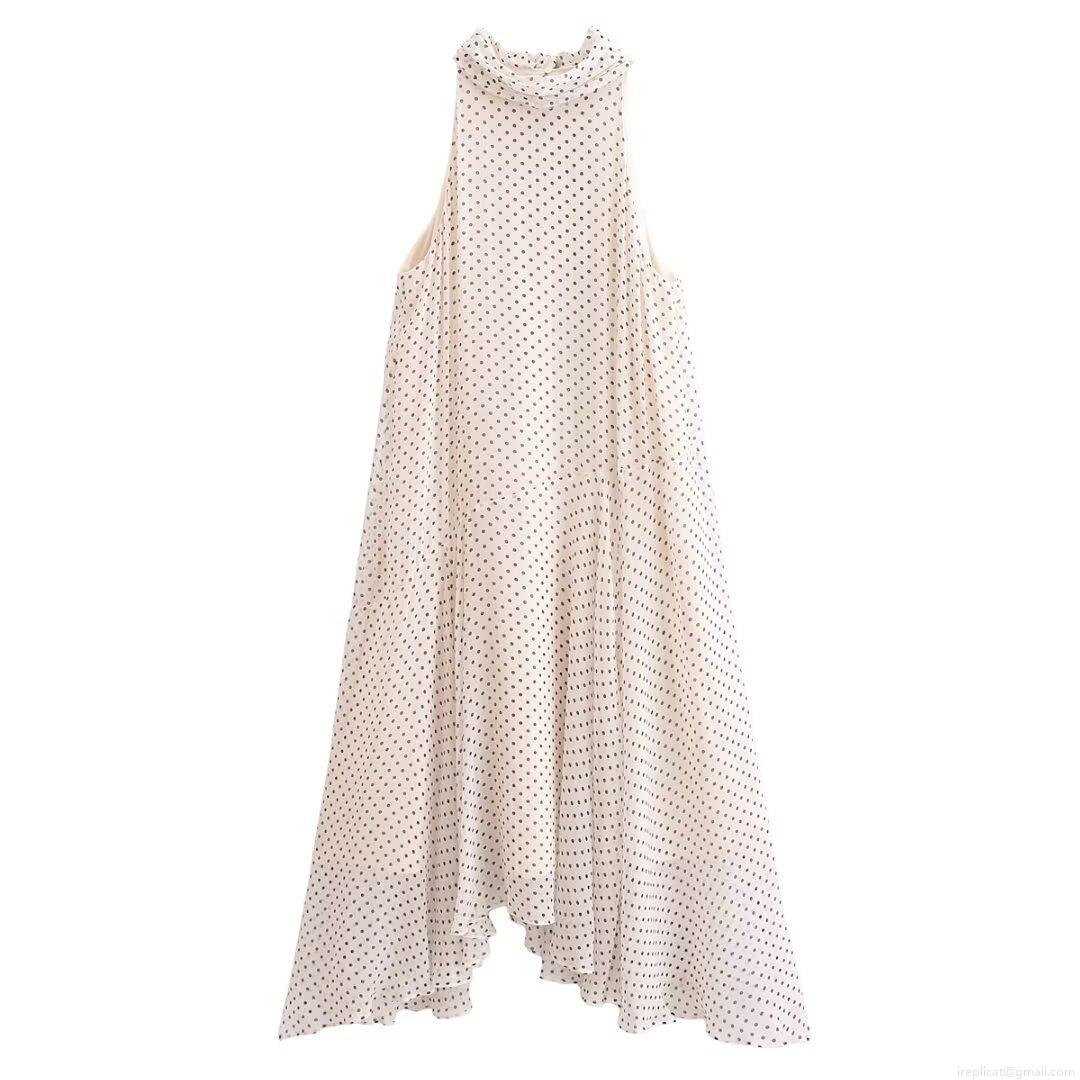 Women Elegant Polka Dot Halter Dress Sleeveless Asymmetrical Hem Bow Tie Chiffon Midi Dress For Vacation Summer Party Women Elegant Polka Dot Halter Dress Sleeveless Asymmetrical Hem Bow Tie Chiffon Midi Dress For Vacation Summer Party