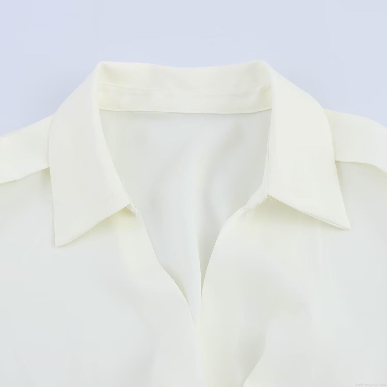 Women Satin Long Sleeve Midi Dress With Belt Elegant Solid White A-Line High Waist Shirt Collar Button Down Polyester Spandex Office Dress For Ladies