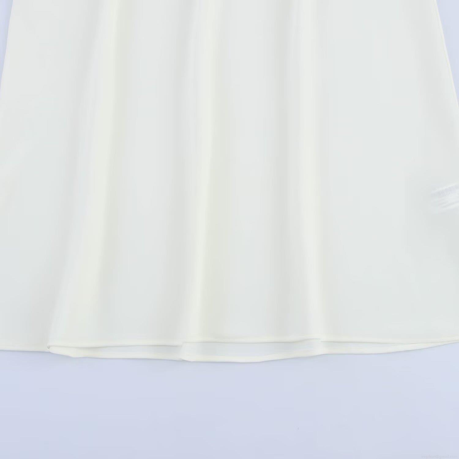 Women Satin Long Sleeve Midi Dress With Belt Elegant Solid White A-Line High Waist Shirt Collar Button Down Polyester Spandex Office Dress For Ladies