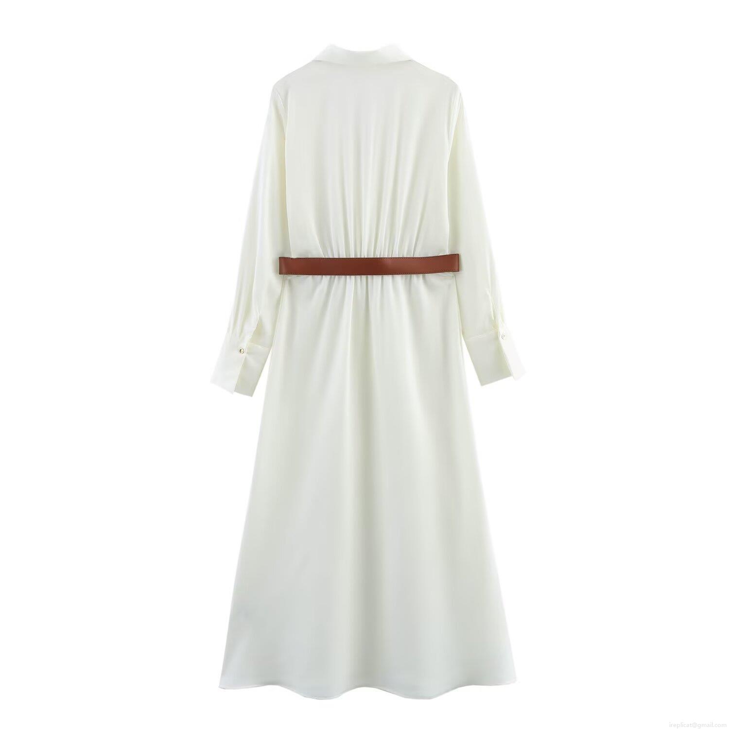Women Satin Long Sleeve Midi Dress With Belt Elegant Solid White A-Line High Waist Shirt Collar Button Down Polyester Spandex Office Dress For Ladies