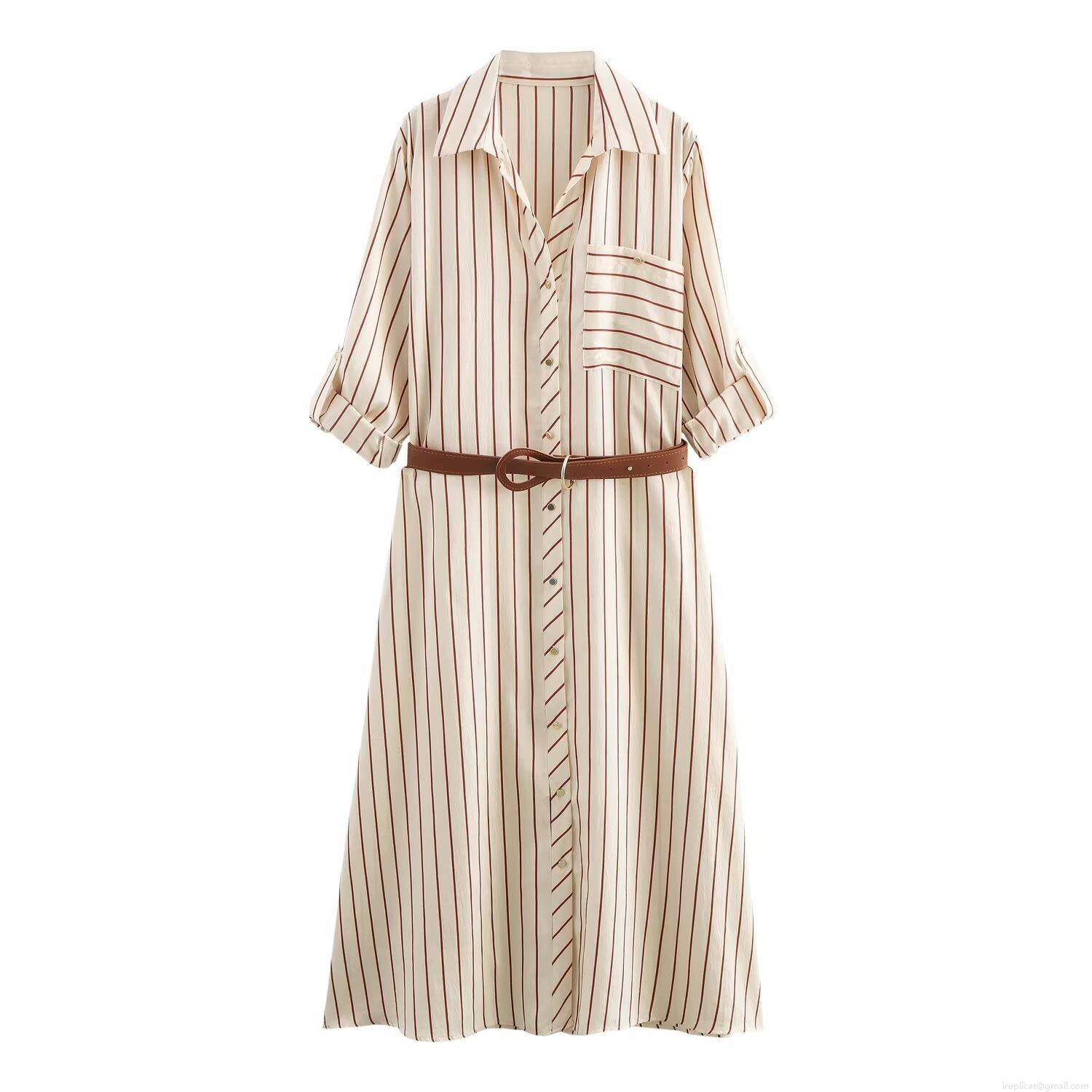 Women Elegant Striped Midi Shirt Dress With Belt Long Sleeve Button Down Lapel Satin Texture Office Casual Dress For Lady Spring Autumn Fashion Women Elegant Striped Midi Shirt Dress With Belt Long Sleeve Button Down Lapel Satin Texture Office Casual Dress For Lady Spring Autumn Fashion
