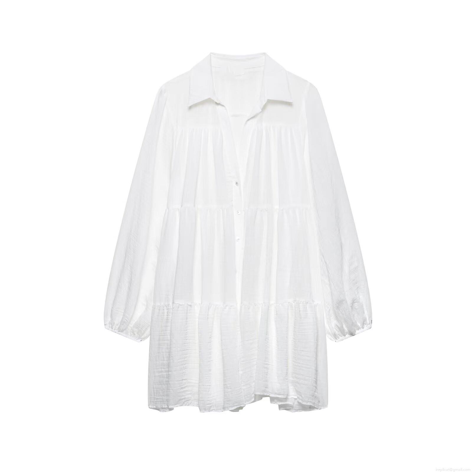 Women Elegant White Long Sleeve Tiered Shirt Dress Pleated Textured Polyester Button Up Lapel Collar A-Line Midi Dress For Office Commute Party Ladies Women Elegant White Long Sleeve Tiered Shirt Dress Pleated Textured Polyester Button Up Lapel Collar A-Line Midi Dress For Office Commute Party Ladies