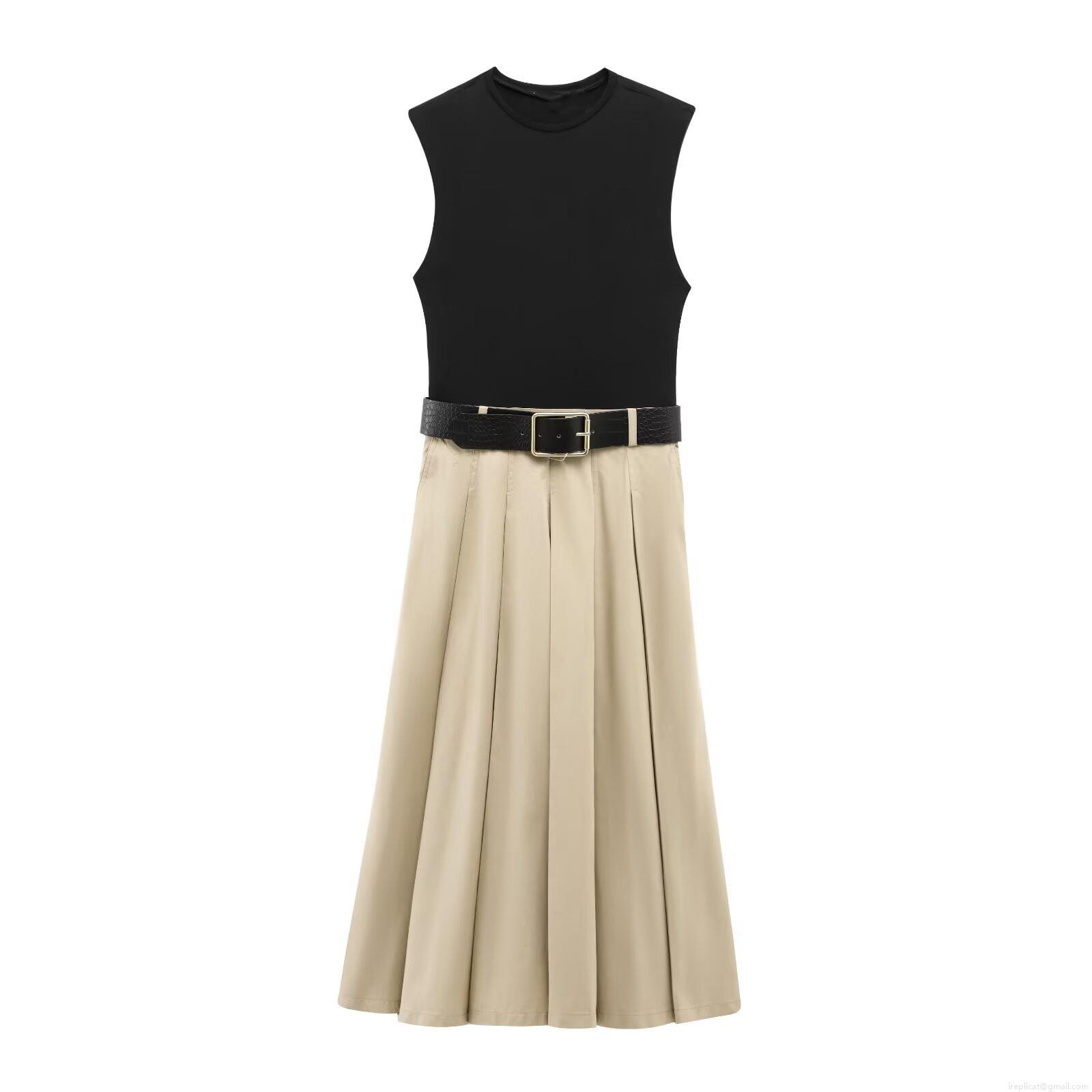 Women Elegant Sleeveless Color Block Pleated Midi Dress With Faux Crocodile Belt Round Neck Polyester Spandex Cotton Blend Patchwork Commute Dress For Lady Women Elegant Sleeveless Color Block Pleated Midi Dress With Faux Crocodile Belt Round Neck Polyester Spandex Cotton Blend Patchwork Commute Dress For Lady