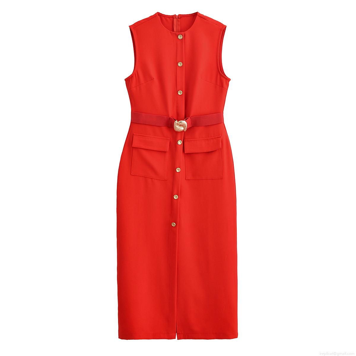 Elegant Sleeveless Maxi Dress For Women Polyester Spandex Textured Fabric With Gold Buttons Belt Front Slit Slim Fit Sheath Dress Office Commute Party