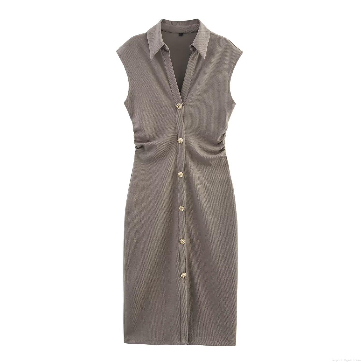 Women Sleeveless Shirt Midi Dress Cotton Blend Ribbed Knit Elegant V-Neck Gold Buttons Pleated Slim Waist Solid Color Summer Casual Office Party Dress Women Sleeveless Shirt Midi Dress Cotton Blend Ribbed Knit Elegant V-Neck Gold Buttons Pleated Slim Waist Solid Color Summer Casual Office Party Dress