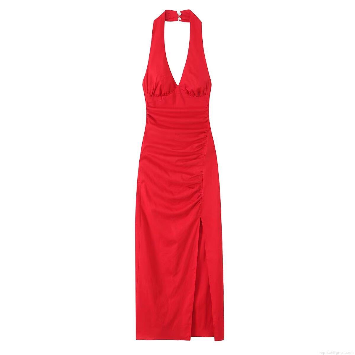 Women's Sexy Halter Neck Ruched Midi Dress Polyester Spandex Bodycon Side Slit Backless Party Clubwear Dress Women's Sexy Halter Neck Ruched Midi Dress Polyester Spandex Bodycon Side Slit Backless Party Clubwear Dress