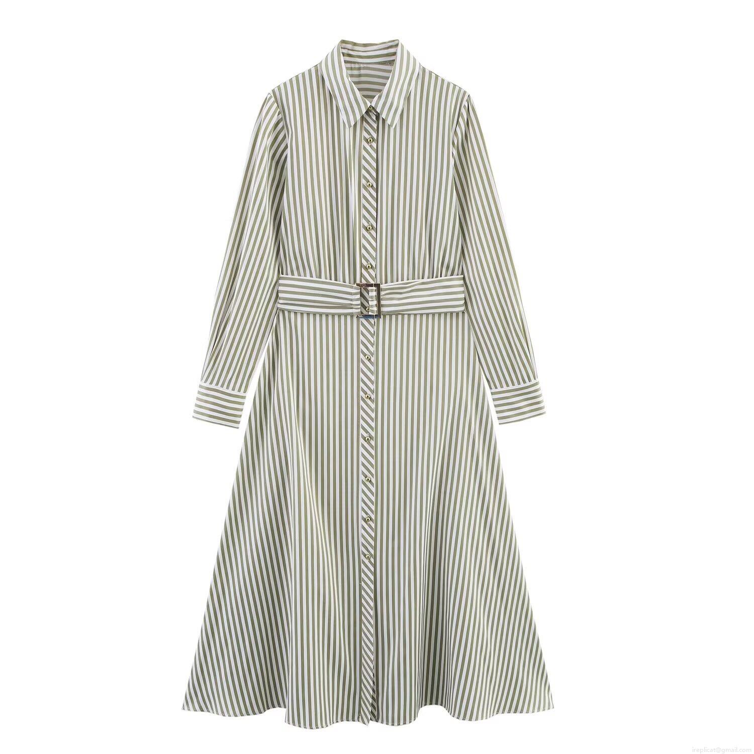 Women's Elegant Striped Midi Shirt Dress With Belt Sage Green White Long Sleeve High Waist Button Down Polyester Cotton Dress For Office Daily Women's Elegant Striped Midi Shirt Dress With Belt Sage Green White Long Sleeve High Waist Button Down Polyester Cotton Dress For Office Daily