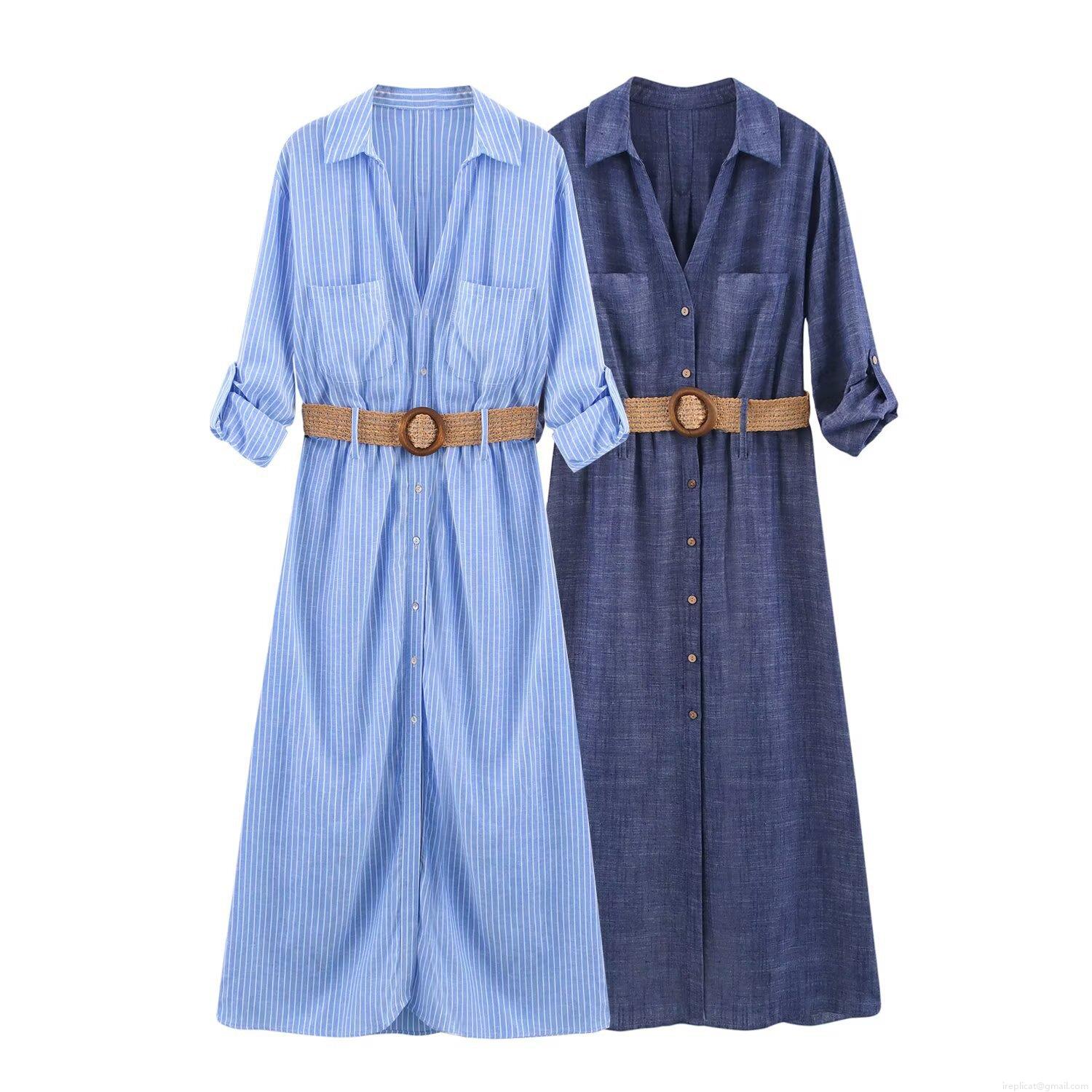 Women's Summer Fashion Linen Striped MIDI Shirt Dress With Woven Belt Long Sleeve Turn-down Collar High Waist A-line Casual Commuter Vacation Elegant Dresses Women's Summer Fashion Linen Striped MIDI Shirt Dress With Woven Belt Long Sleeve Turn-down Collar High Waist A-line Casual Commuter Vacation Elegant Dresses