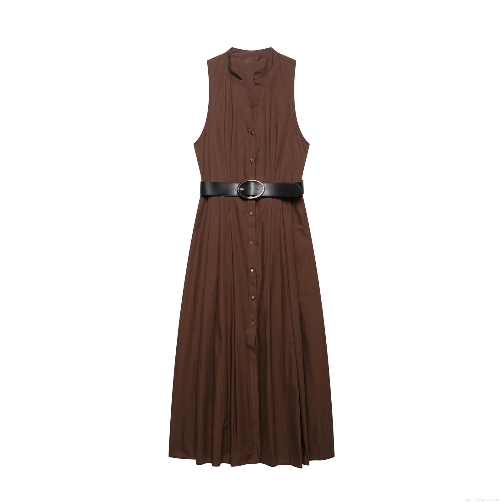 Women's Elegant V Neck Sleeveless Midi A-Line Dress With Belt Single Breasted Solid Color Coffee Brown Polyester Summer Dress For Office Lady Casual Wear Women's Elegant V Neck Sleeveless Midi A-Line Dress With Belt Single Breasted Solid Color Coffee Brown Polyester Summer Dress For Office Lady Casual Wear