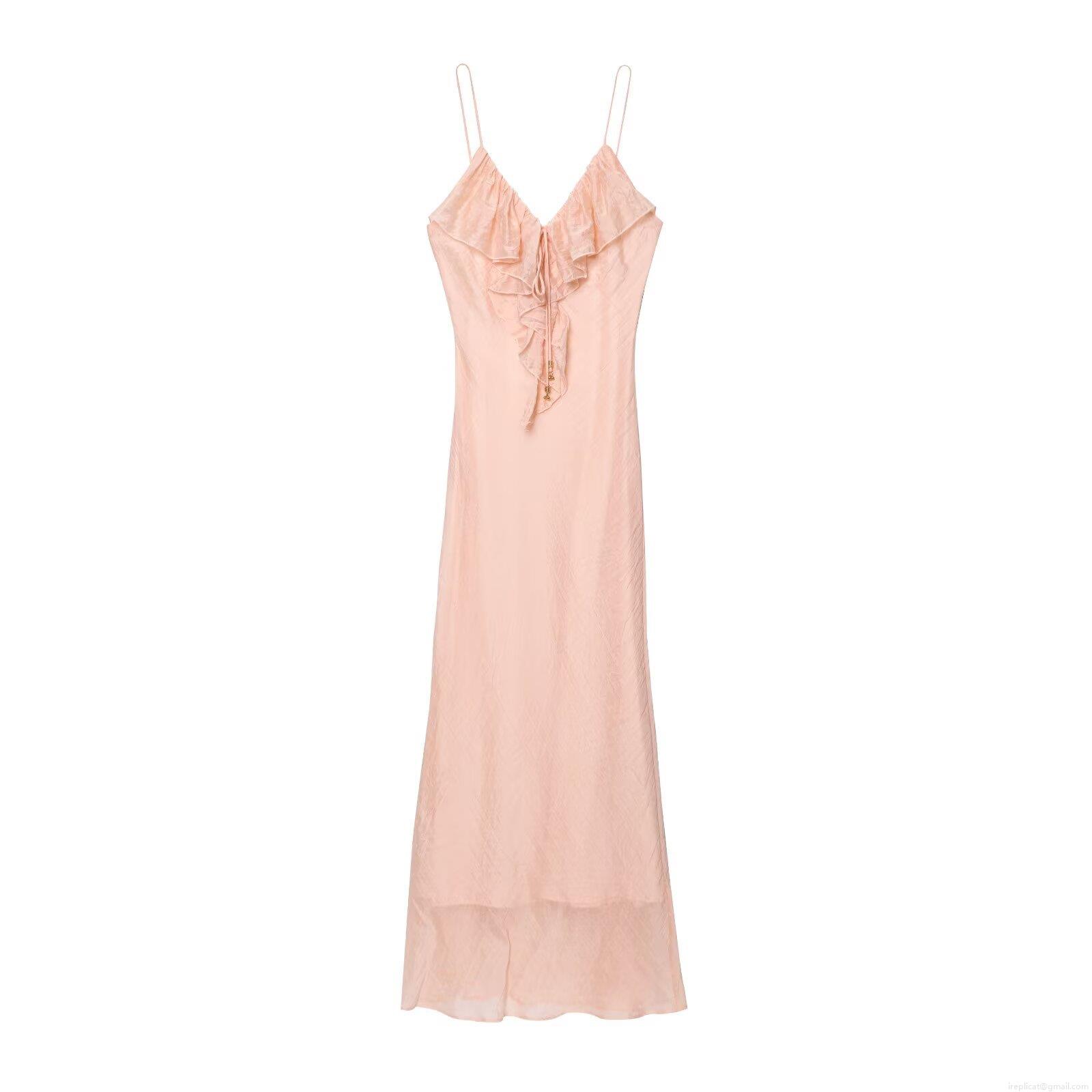 Women Sexy V-Neck Spaghetti Strap Layered Ruffle Backless Midi Slip Dress Peach Pink Polyester Satin Chic Party Clubwear Bodycon Dress Women Sexy V-Neck Spaghetti Strap Layered Ruffle Backless Midi Slip Dress Peach Pink Polyester Satin Chic Party Clubwear Bodycon Dress