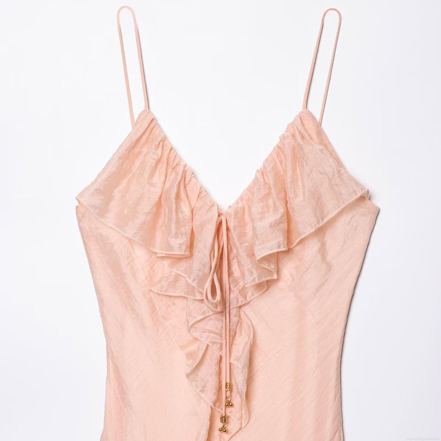 Women Sexy V-Neck Spaghetti Strap Layered Ruffle Backless Midi Slip Dress Peach Pink Polyester Satin Chic Party Clubwear Bodycon Dress