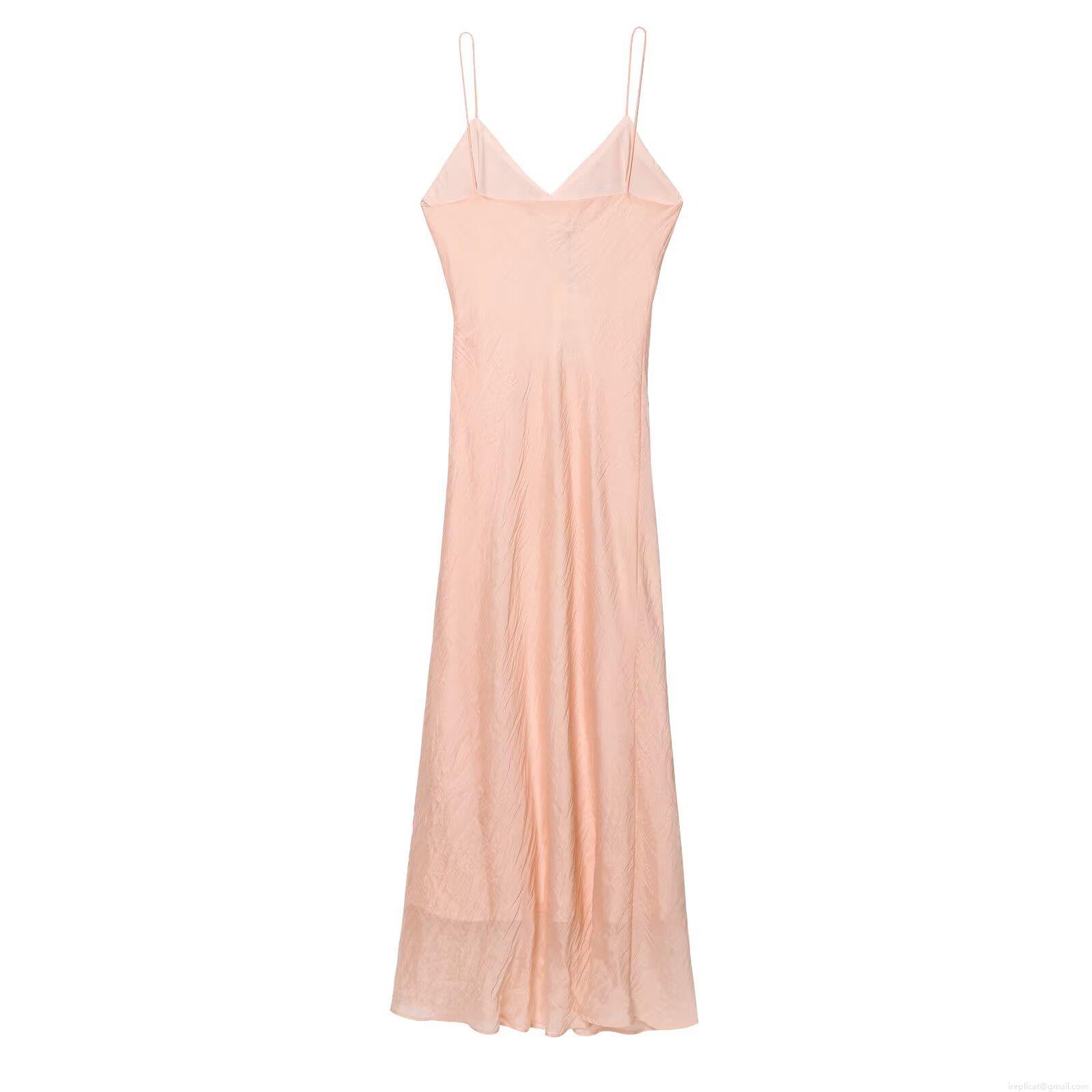Women Sexy V-Neck Spaghetti Strap Layered Ruffle Backless Midi Slip Dress Peach Pink Polyester Satin Chic Party Clubwear Bodycon Dress