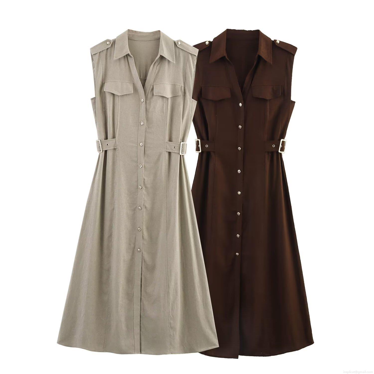 Women's Sleeveless Linen Midi Dress Cargo Style Lapel Single Breasted High Waist A-Line Summer Commuter Minimalist Solid Color Dress With Pockets Women's Sleeveless Linen Midi Dress Cargo Style Lapel Single Breasted High Waist A-Line Summer Commuter Minimalist Solid Color Dress With Pockets