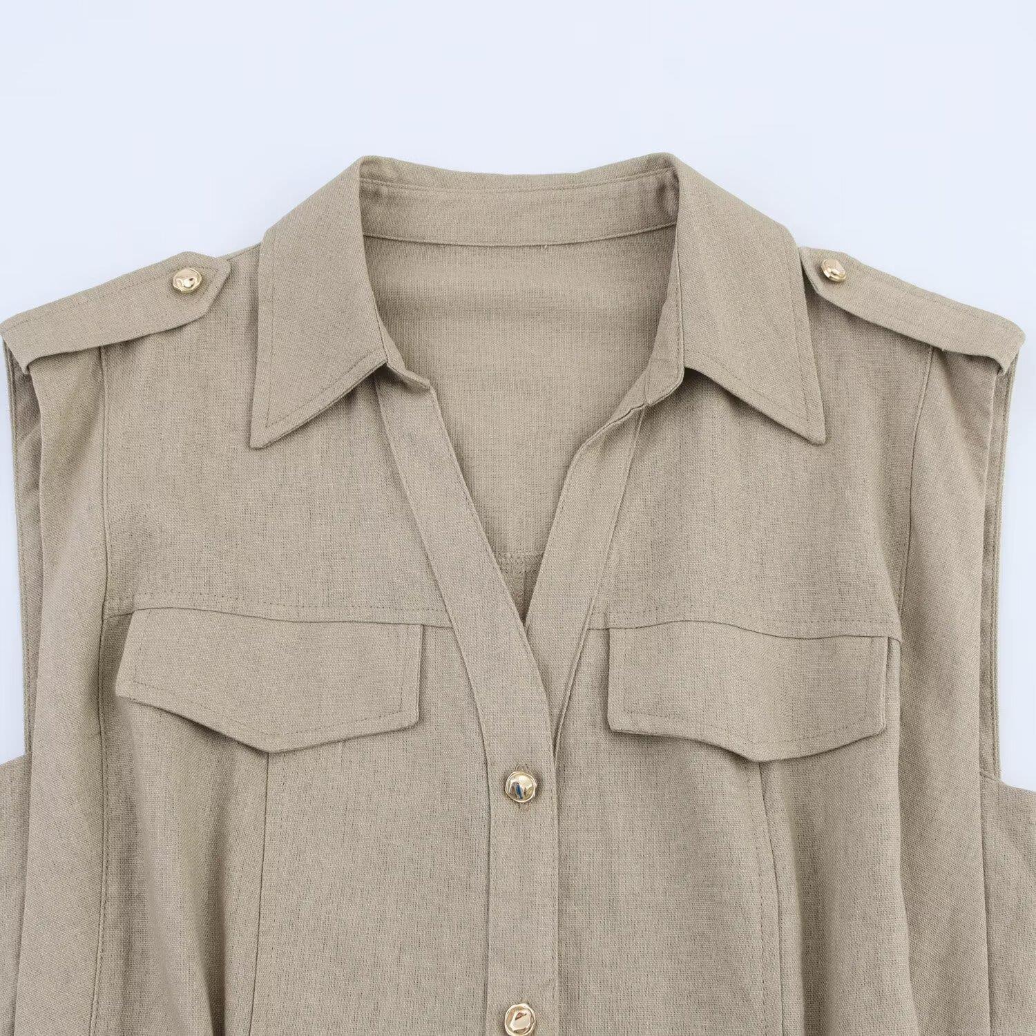 Women\'s Sleeveless Linen Midi Dress Cargo Style Lapel Single Breasted High Waist A-Line Summer Commuter Minimalist Solid Color Dress With Pockets