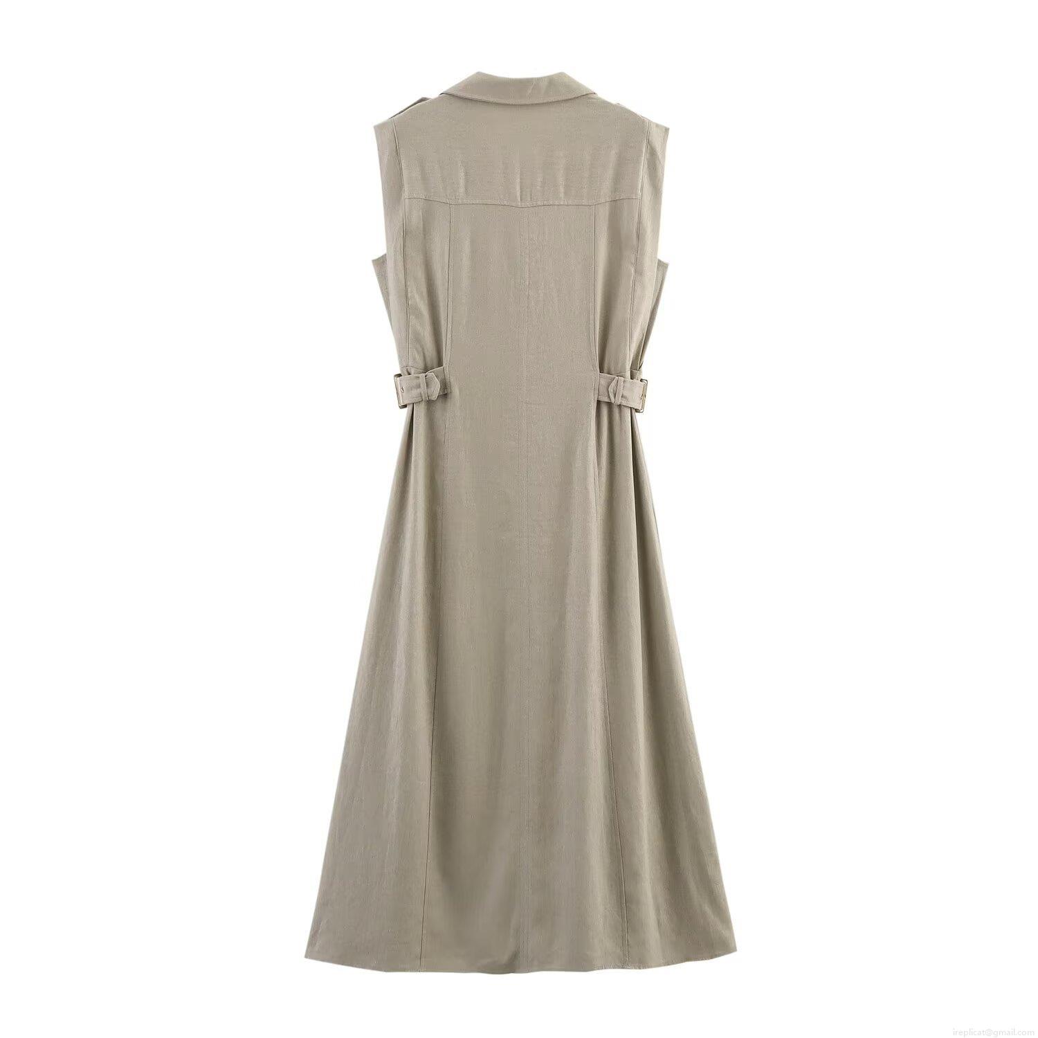 Women\'s Sleeveless Linen Midi Dress Cargo Style Lapel Single Breasted High Waist A-Line Summer Commuter Minimalist Solid Color Dress With Pockets
