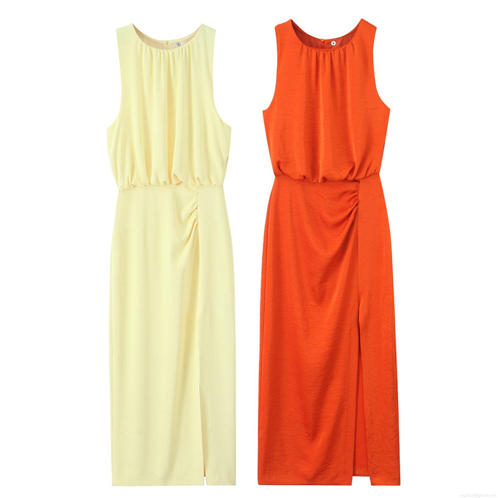 Women's Sleeveless Pleated Midi Dress Elegant Round Neck High Waist Side Slit Summer Solid Color Polyester Spandex Bodycon Long Pullover Dress for Cocktail Party Date Women's Sleeveless Pleated Midi Dress Elegant Round Neck High Waist Side Slit Summer Solid Color Polyester Spandex Bodycon Long Pullover Dress for Cocktail Party Date