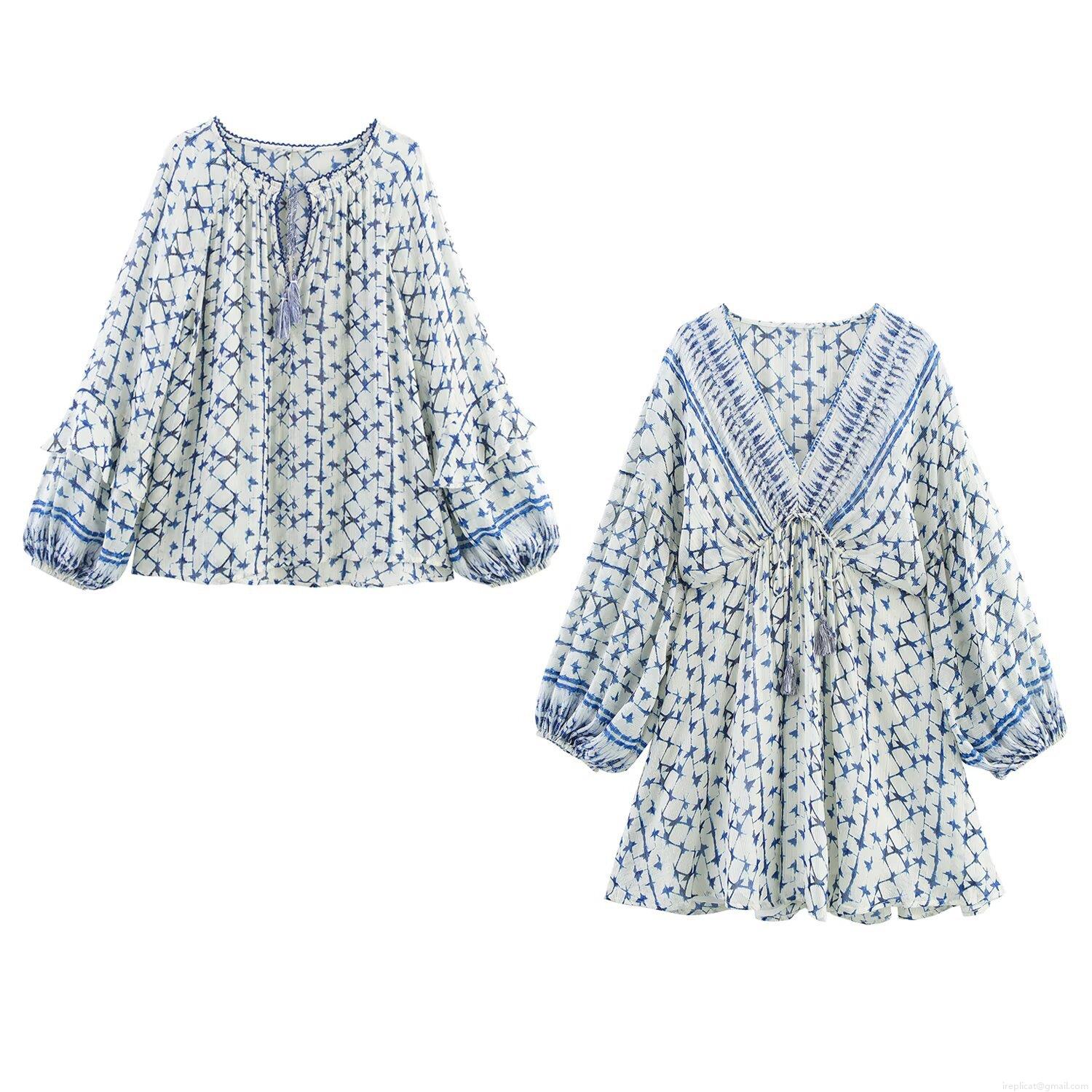 Women's Bohemian Geometric Print Midi Dress And Long Sleeve Blouse With Tassel Tie V-Neck Polyester Spandex Metallic Thread Ruffle Cuff Vacation Style Blue White Tops Women's Bohemian Geometric Print Midi Dress And Long Sleeve Blouse With Tassel Tie V-Neck Polyester Spandex Metallic Thread Ruffle Cuff Vacation Style Blue White Tops