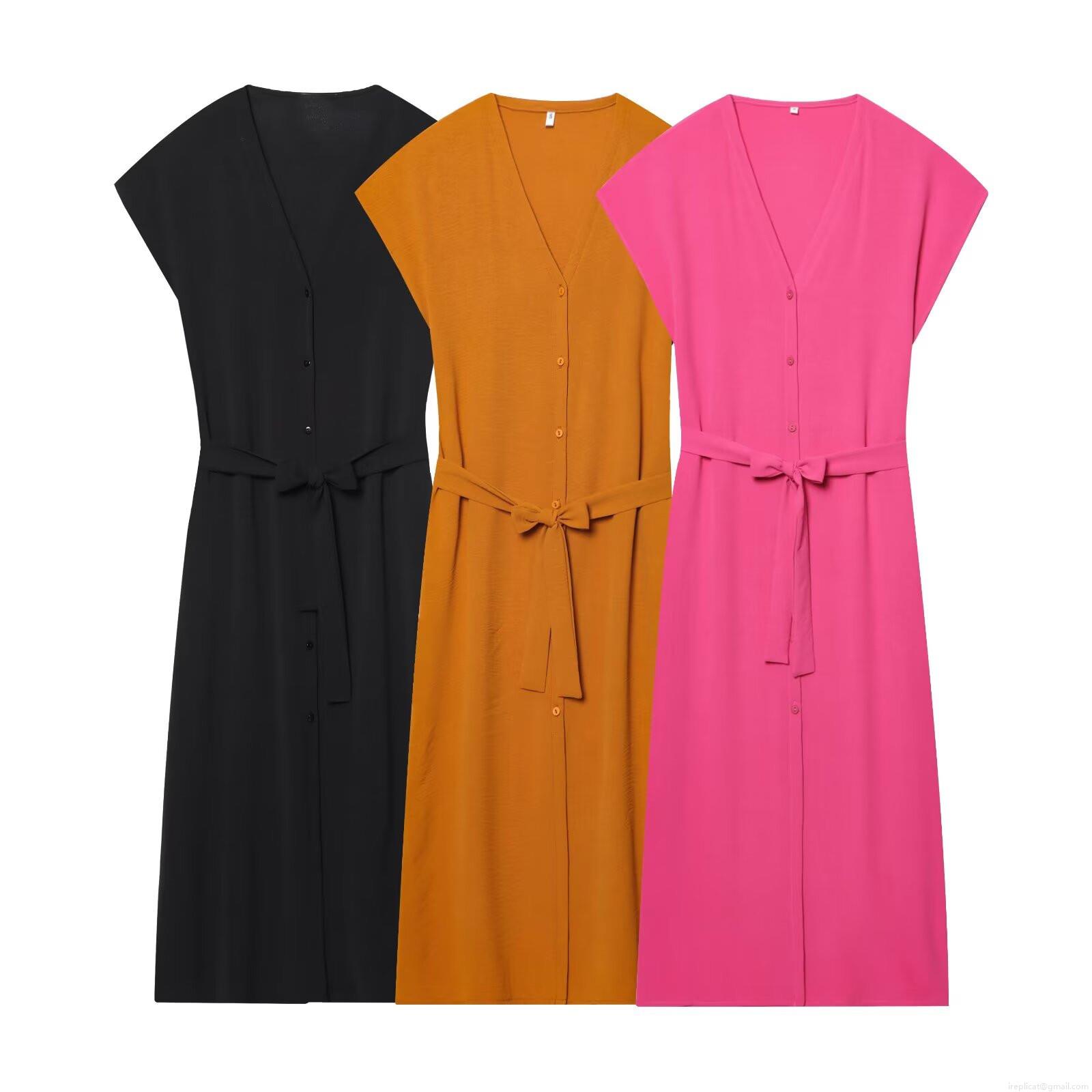 Women's V Neck Short Sleeve Midi Dress With Belt Summer Solid Color Single Breasted Elegant Polyester A-Line Dress For Office Casual Party Women's V Neck Short Sleeve Midi Dress With Belt Summer Solid Color Single Breasted Elegant Polyester A-Line Dress For Office Casual Party