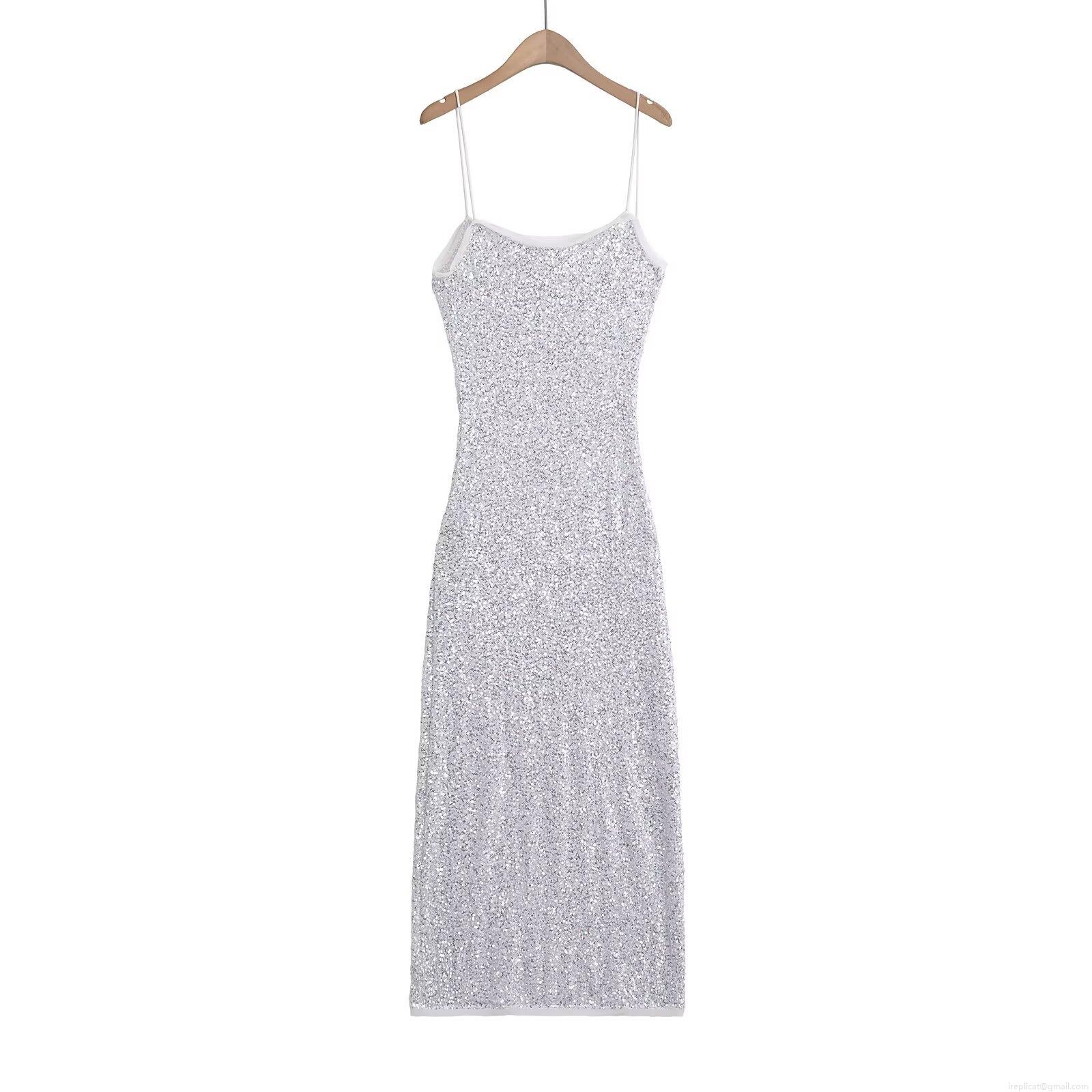 Women's Sexy Silver Sequin Spaghetti Strap Midi Dress Backless Slim Fit Sleeveless Bodycon Evening Party Clubwear Socialite Dress For Summer Women's Sexy Silver Sequin Spaghetti Strap Midi Dress Backless Slim Fit Sleeveless Bodycon Evening Party Clubwear Socialite Dress For Summer