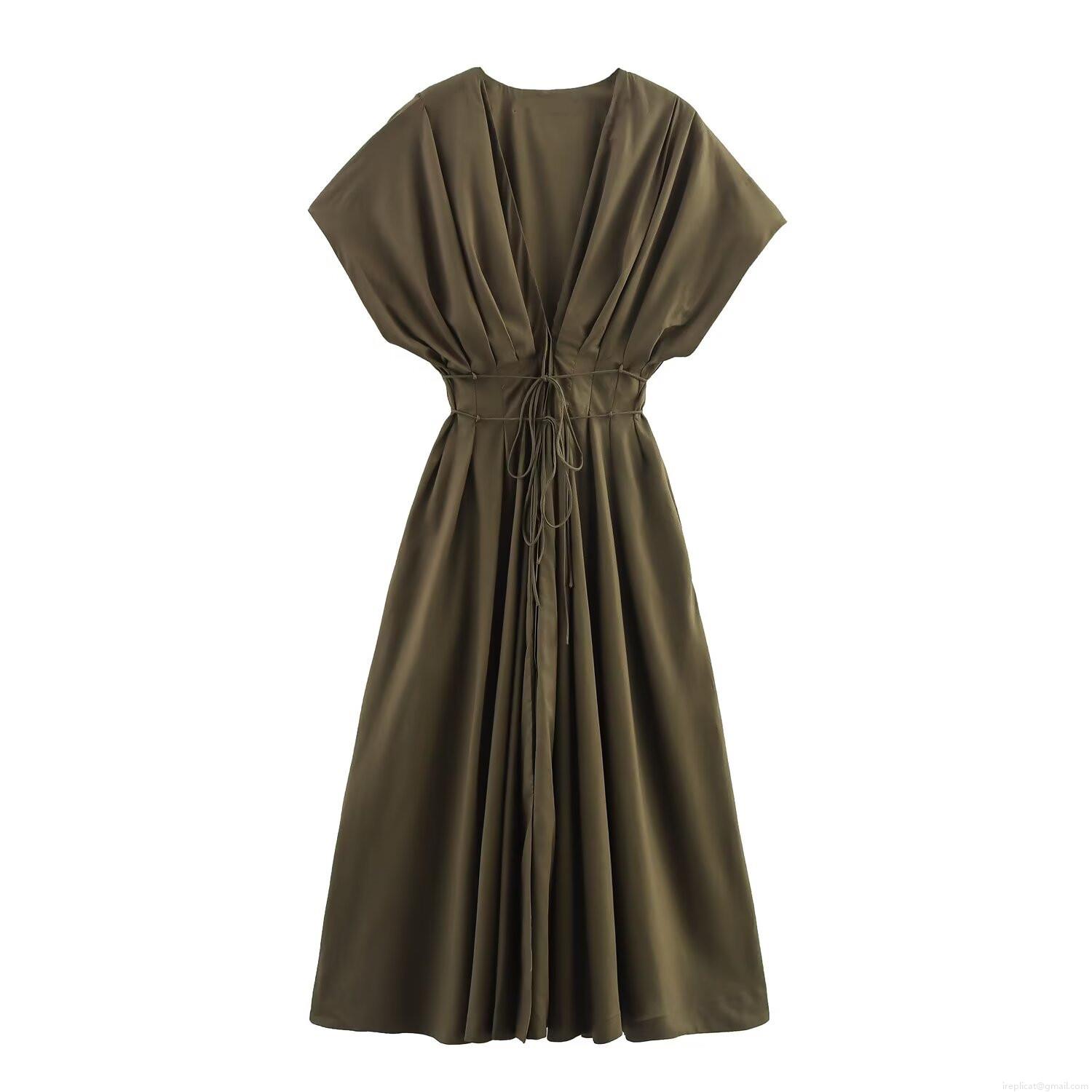 Elegant Solid Color V Neck Short Sleeve Pleated Midi Dress With Tie Waist Combed Cotton A-Line Summer Dress For Women Daily Commuting Elegant Solid Color V Neck Short Sleeve Pleated Midi Dress With Tie Waist Combed Cotton A-Line Summer Dress For Women Daily Commuting