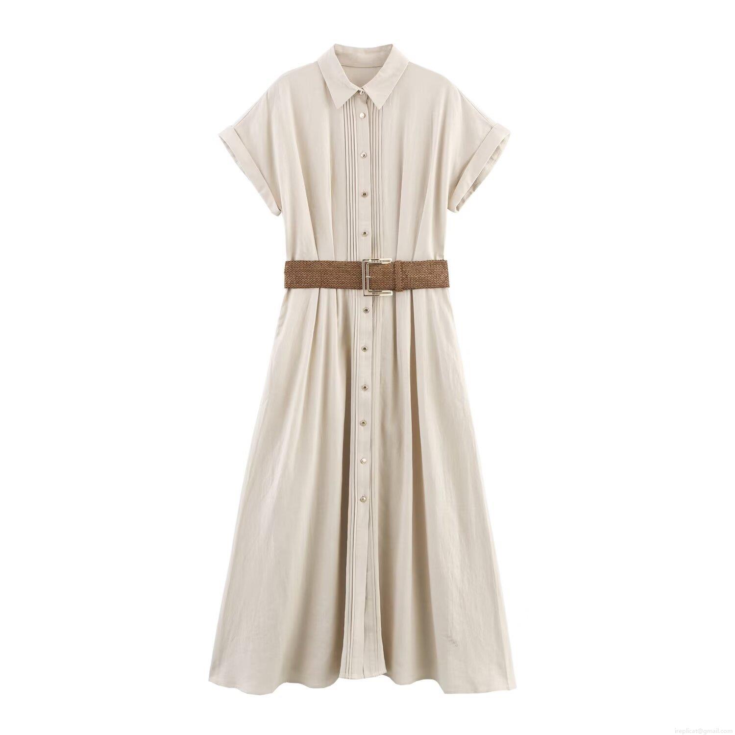 Women's Elegant Linen Blend Short Sleeve Midi Dress With Woven Belt Lapel Single Breasted Solid Color A-Line Shirtdress For Summer Daily Commute Women's Elegant Linen Blend Short Sleeve Midi Dress With Woven Belt Lapel Single Breasted Solid Color A-Line Shirtdress For Summer Daily Commute