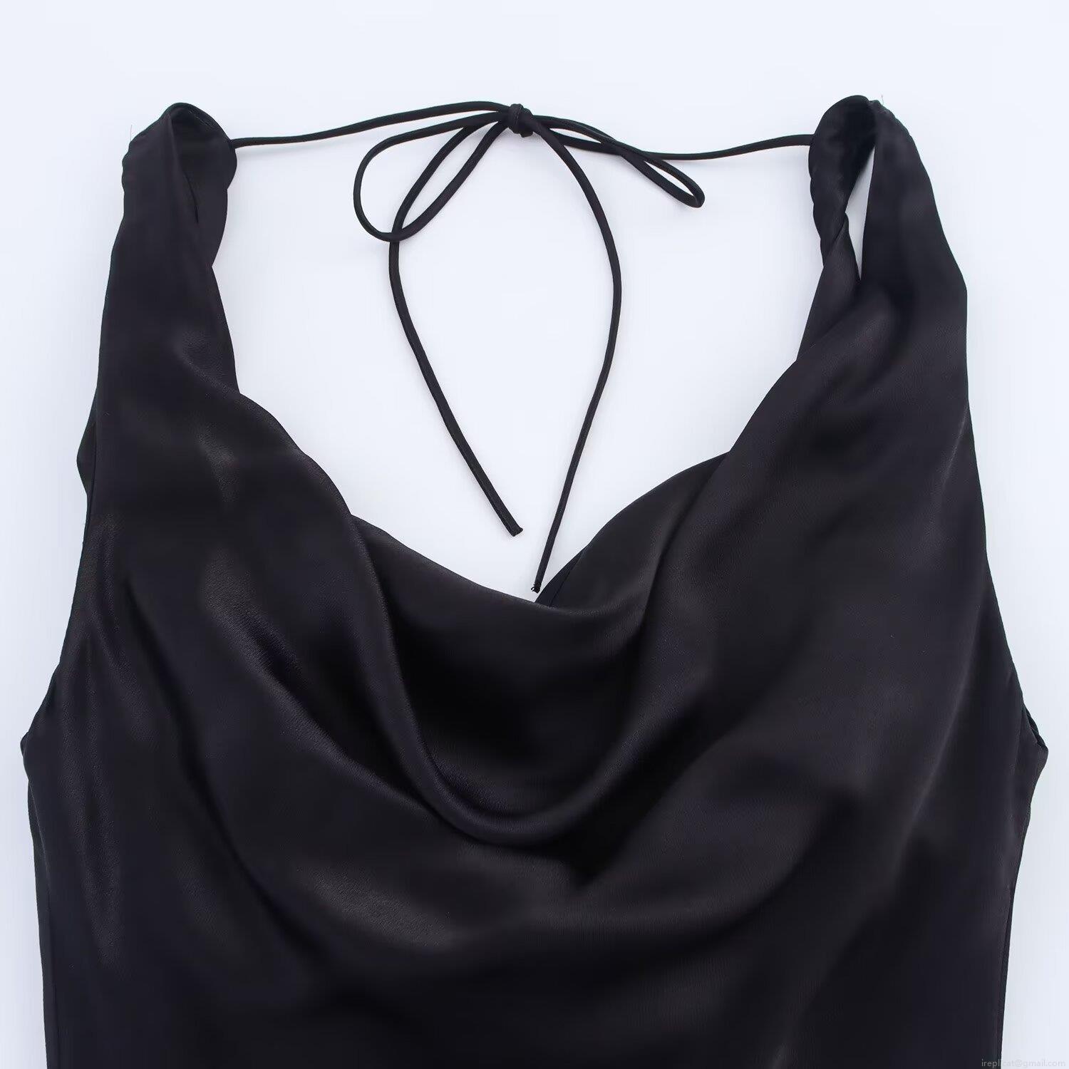 Women Sexy Satin Cowl Neck Spaghetti Strap Dress Backless Lace Up Polyester Spandex Slim Fit Maxi Dress for Evening Party Celebrity Style
