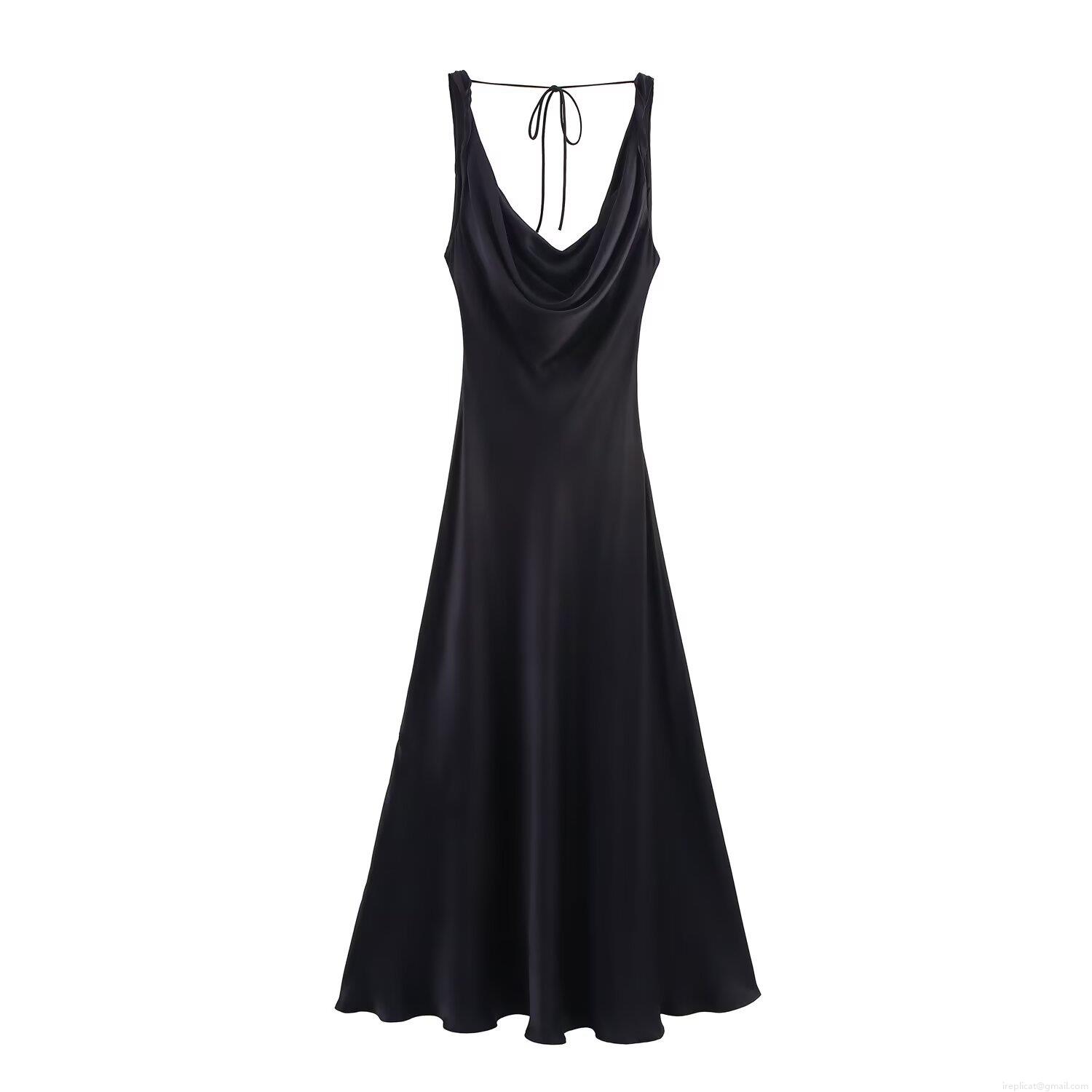Women Sexy Satin Cowl Neck Spaghetti Strap Dress Backless Lace Up Polyester Spandex Slim Fit Maxi Dress for Evening Party Celebrity Style