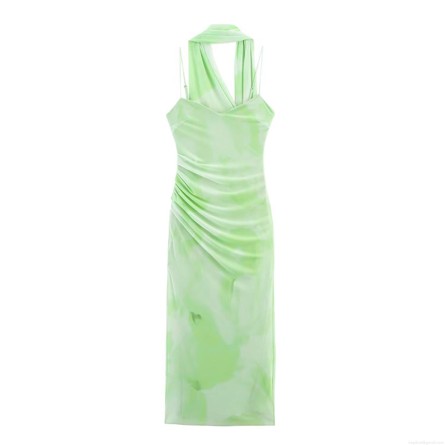 Women Sexy Light Green Halter Neck Mesh Midi Dress Summer Tie Dye Ruched Backless Sleeveless Polyester Spandex Scarf Trim Elegant Bodycon Party Dress Women Sexy Light Green Halter Neck Mesh Midi Dress Summer Tie Dye Ruched Backless Sleeveless Polyester Spandex Scarf Trim Elegant Bodycon Party Dress