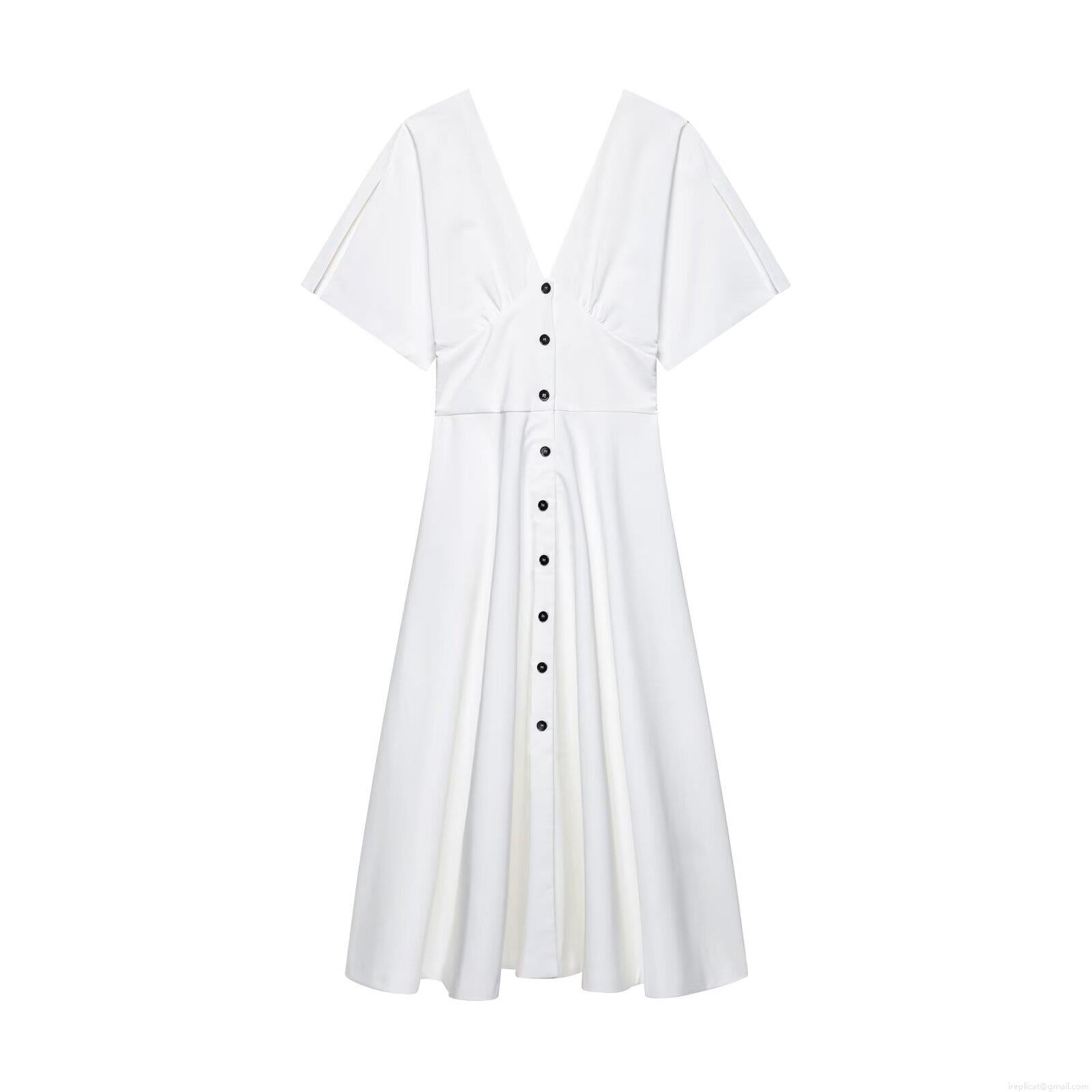 Women's Elegant V-Neck Button Down Midi Dress Short Sleeve A-Line Solid Color High Waist Dress For Summer Casual Party Office Women's Elegant V-Neck Button Down Midi Dress Short Sleeve A-Line Solid Color High Waist Dress For Summer Casual Party Office