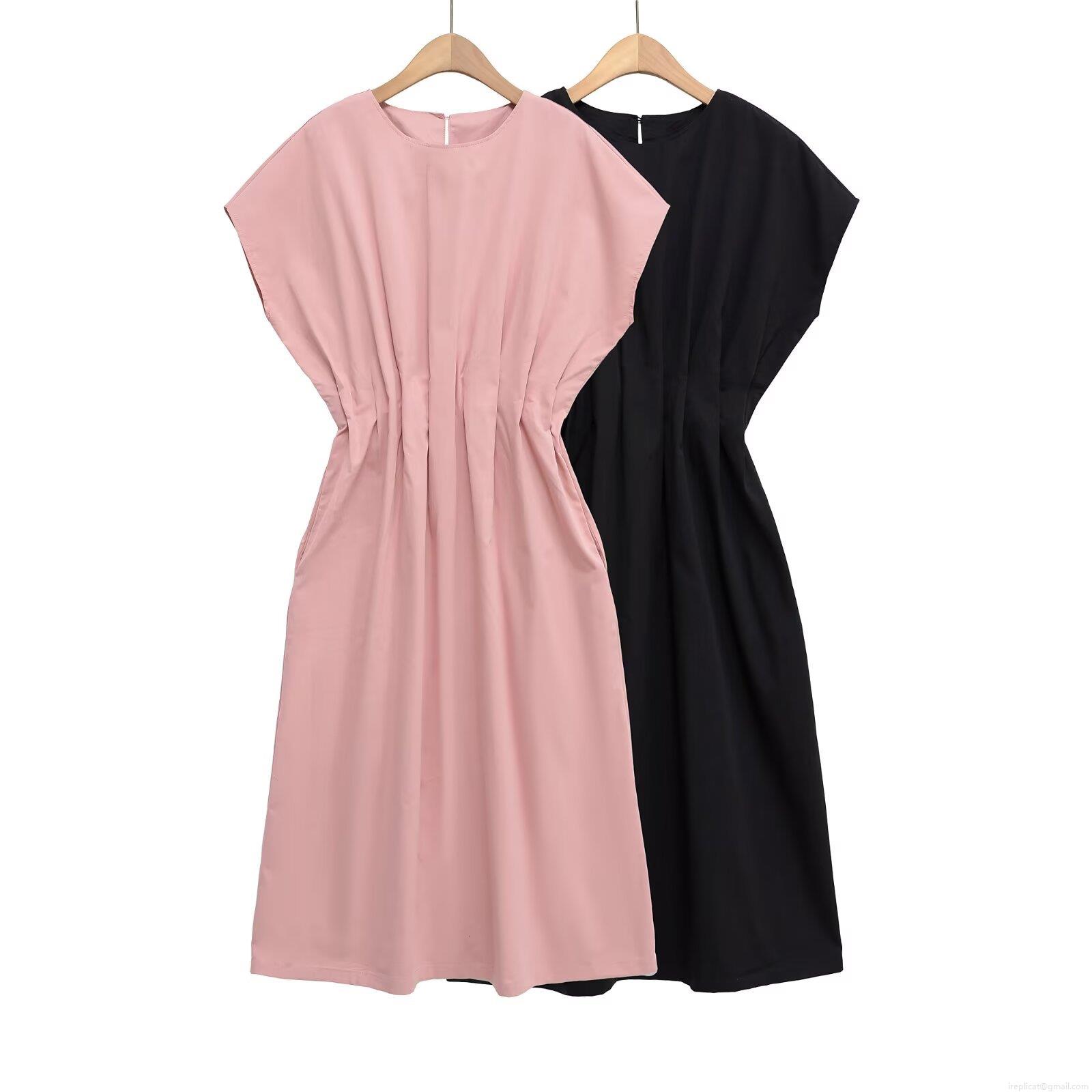 Women Elegant Round Neck Pleated Gathered Waist Midi Dress Summer Casual Solid Color Short Sleeve A-Line Pullover Dress For Ladies Work Daily Dating Women Elegant Round Neck Pleated Gathered Waist Midi Dress Summer Casual Solid Color Short Sleeve A-Line Pullover Dress For Ladies Work Daily Dating
