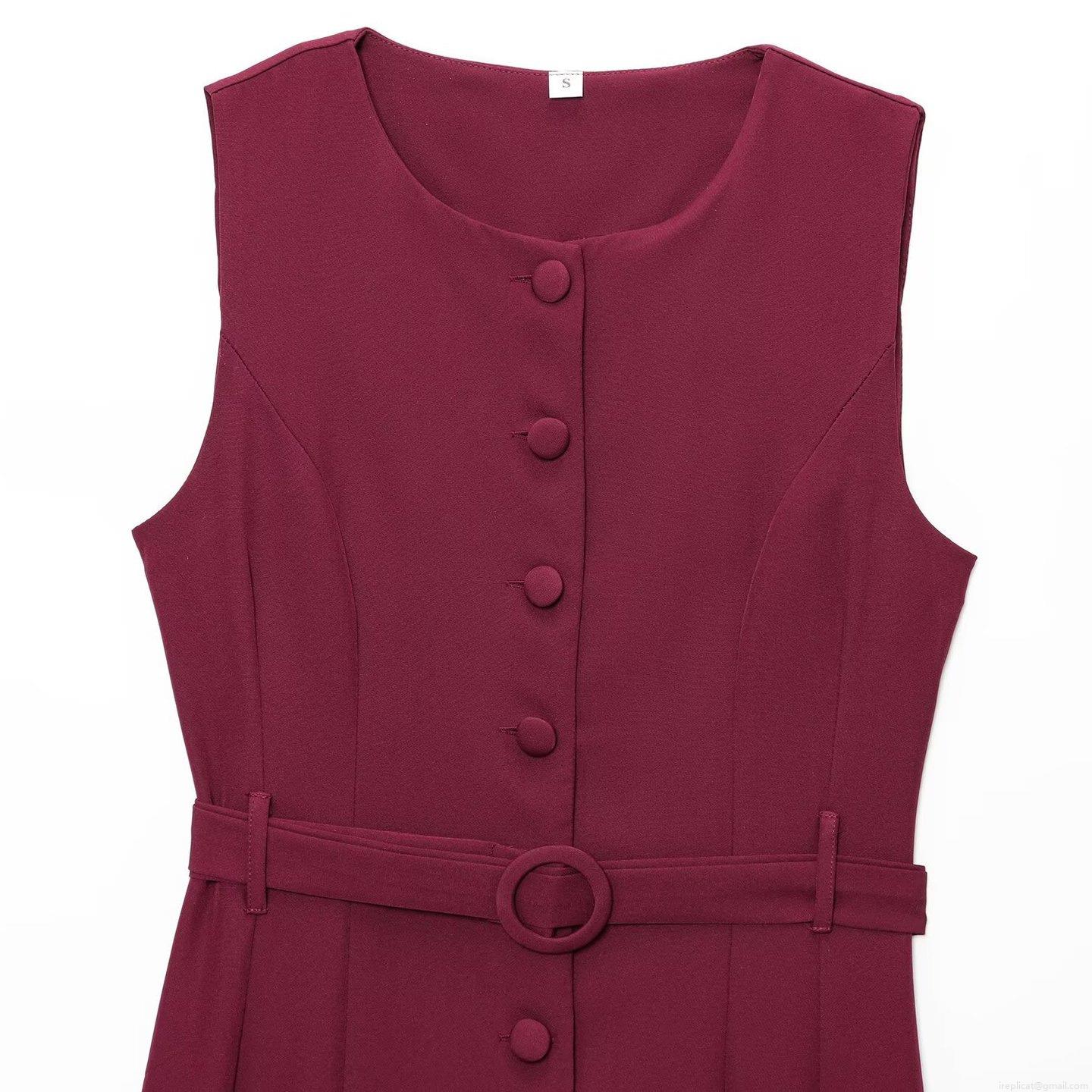 Women Elegant Sleeveless Midi Dress Round Neck Single Breasted A-Line Dress With Belt High Waist Solid Color Polyester Spandex Dress For Summer Office Party
