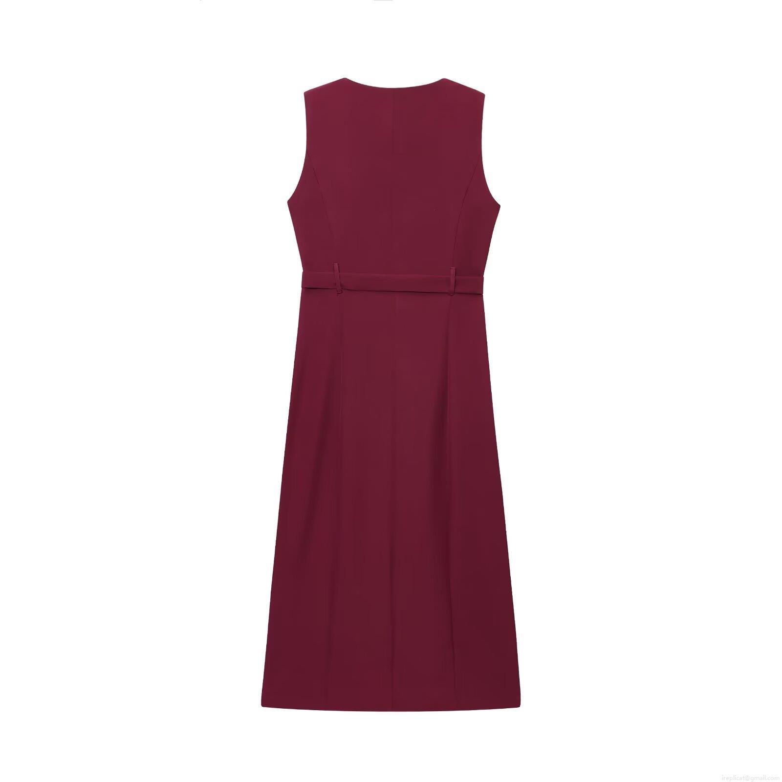 Women Elegant Sleeveless Midi Dress Round Neck Single Breasted A-Line Dress With Belt High Waist Solid Color Polyester Spandex Dress For Summer Office Party