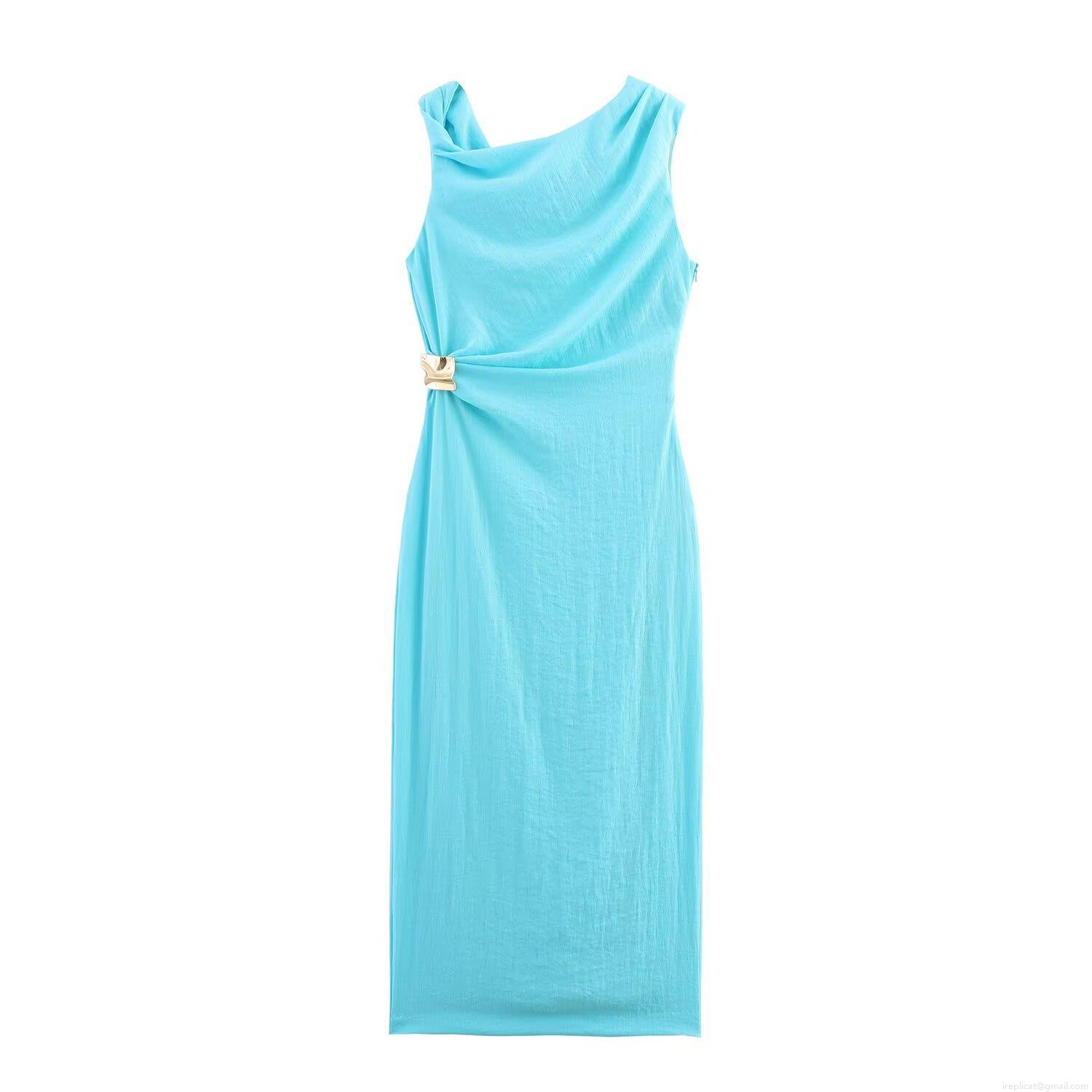 Women\'s Elegant Cowl Neck Sleeveless Midi Dress With Asymmetric Metal Buckle Ruched Side Summer Solid Color Commute Party Dresses Women\'s Elegant Cowl Neck Sleeveless Midi Dress With Asymmetric Metal Buckle Ruched Side Summer Solid Color Commute Party Dresses