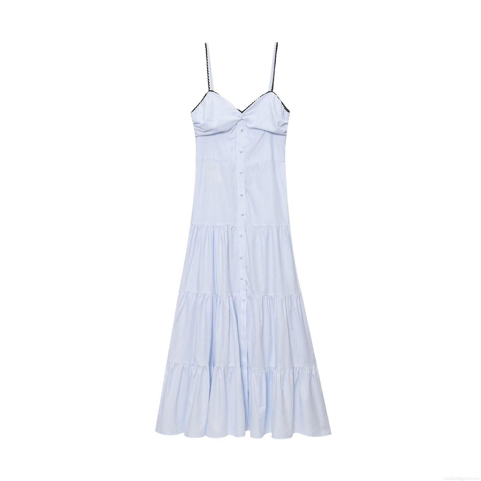 Women's Summer Light Blue White Striped Midi Dress Sleeveless Camisole A-Line Ruffle Tiered Sundress With Black Lace Trim For Casual Vacation Women's Summer Light Blue White Striped Midi Dress Sleeveless Camisole A-Line Ruffle Tiered Sundress With Black Lace Trim For Casual Vacation