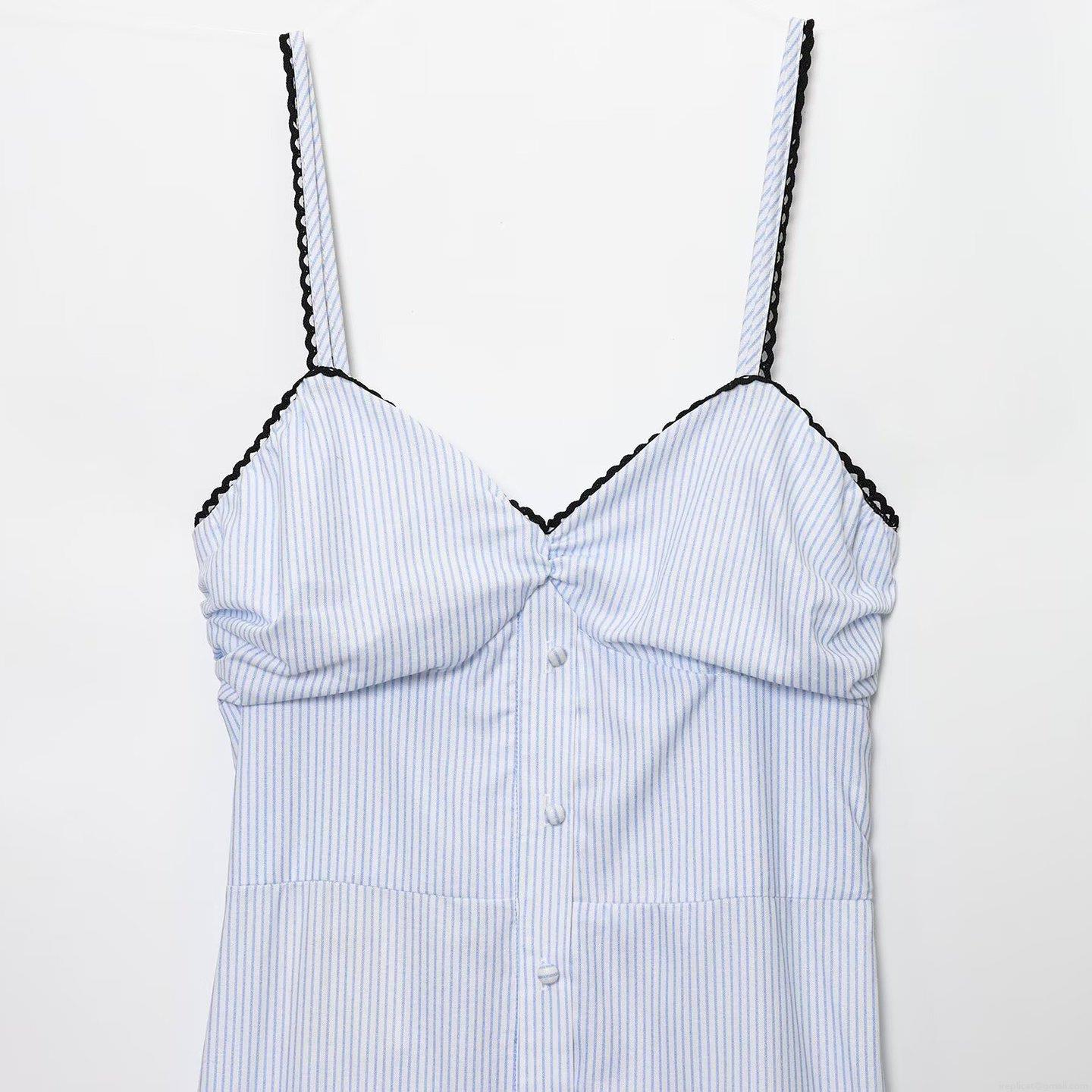 Women\'s Summer Light Blue White Striped Midi Dress Sleeveless Camisole A-Line Ruffle Tiered Sundress With Black Lace Trim For Casual Vacation