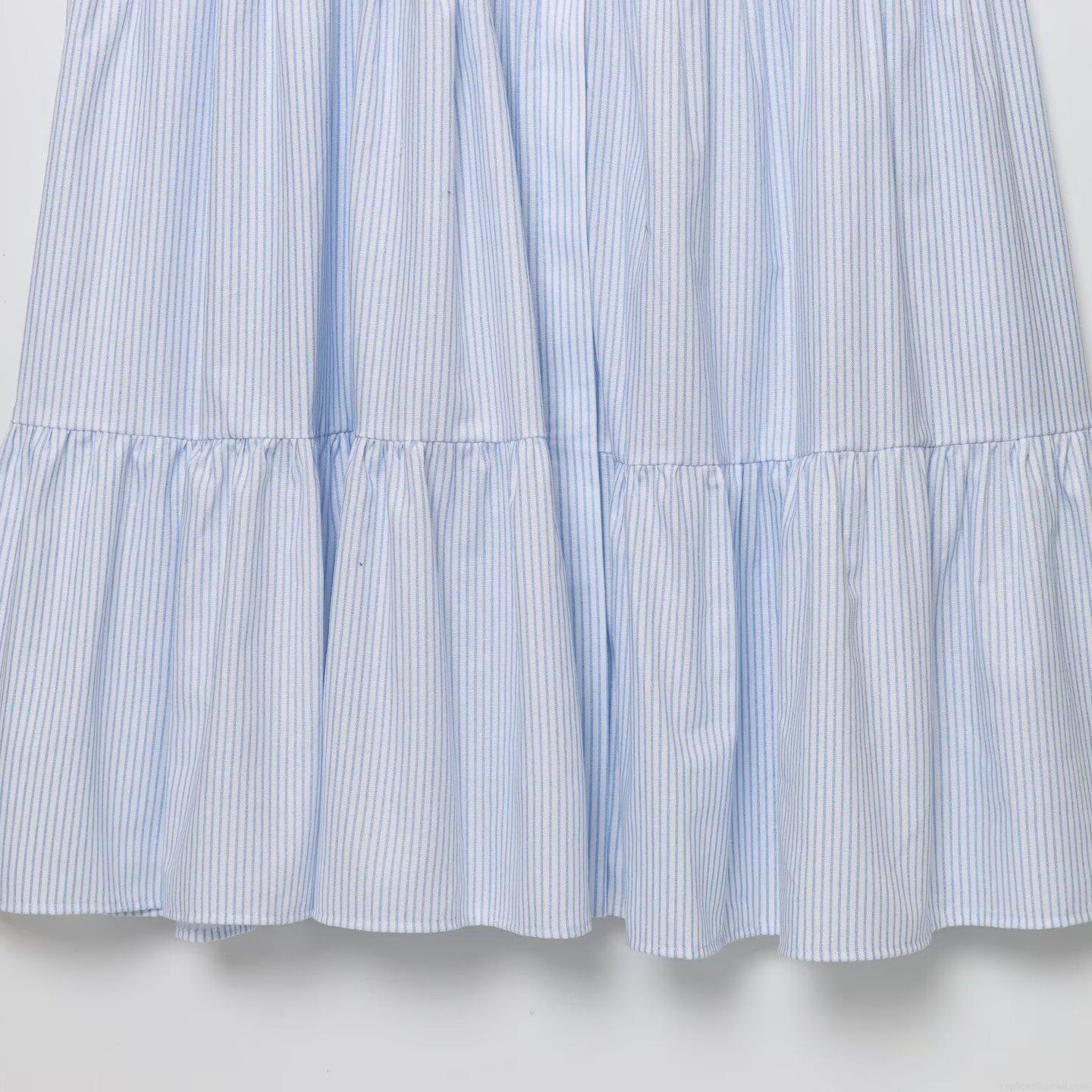 Women\'s Summer Light Blue White Striped Midi Dress Sleeveless Camisole A-Line Ruffle Tiered Sundress With Black Lace Trim For Casual Vacation